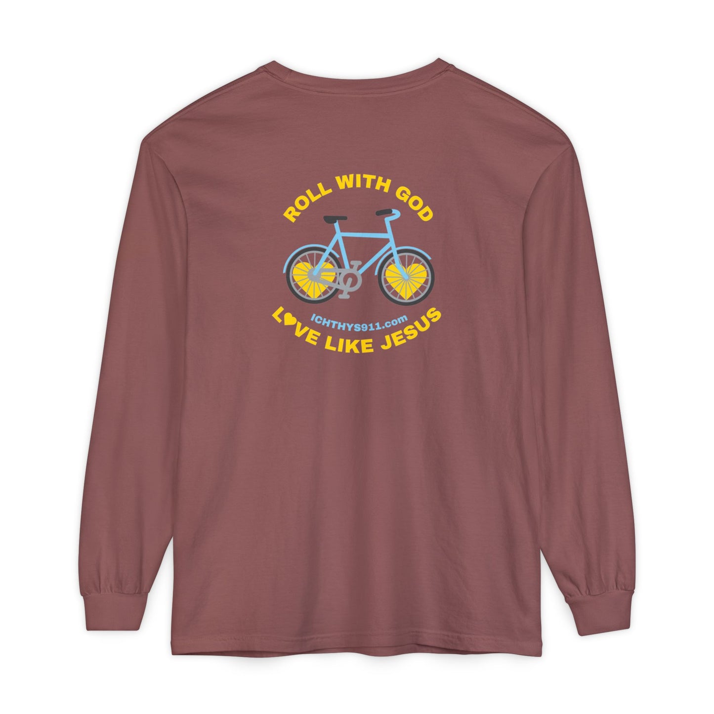 “Roll With God, Love Like Jesus” Bike Graphic -Unisex T- Shirt - Gold Font - Men T- Shirt - Women T-Shirt - Christian T-Shirt - ICHTHYS 911 - Soft - Garment-Dyed