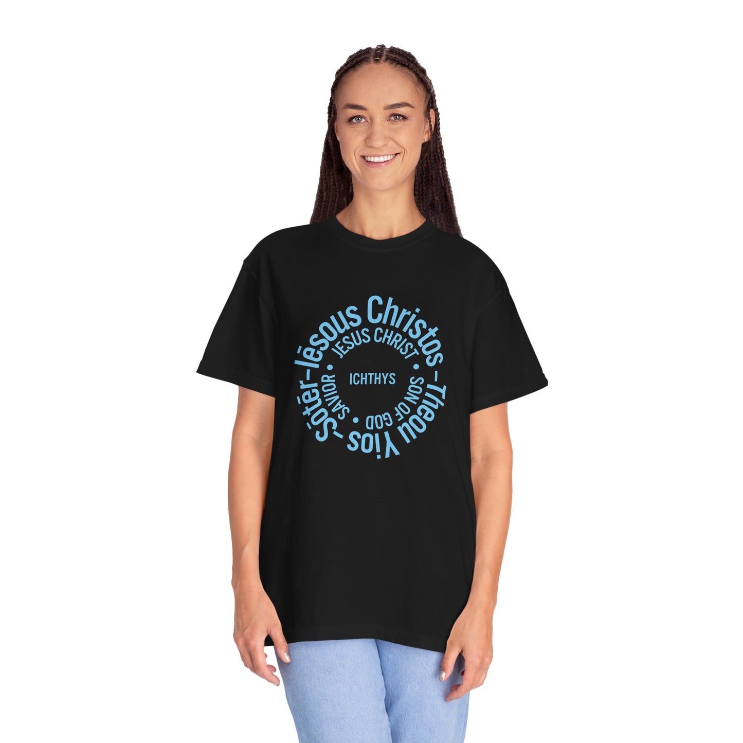 ICHTHYS 911 Blue & Black Font "Iēsous Christos, Theou Yios, Sōtēr" - Collection - Reverse Design - Unisex Garment Dyed - 100% US Cotton - Christian Graphic Tee - Gym - T - Christian Faith - Jesus Wear - Women T-Shirt - Men T-Shirt