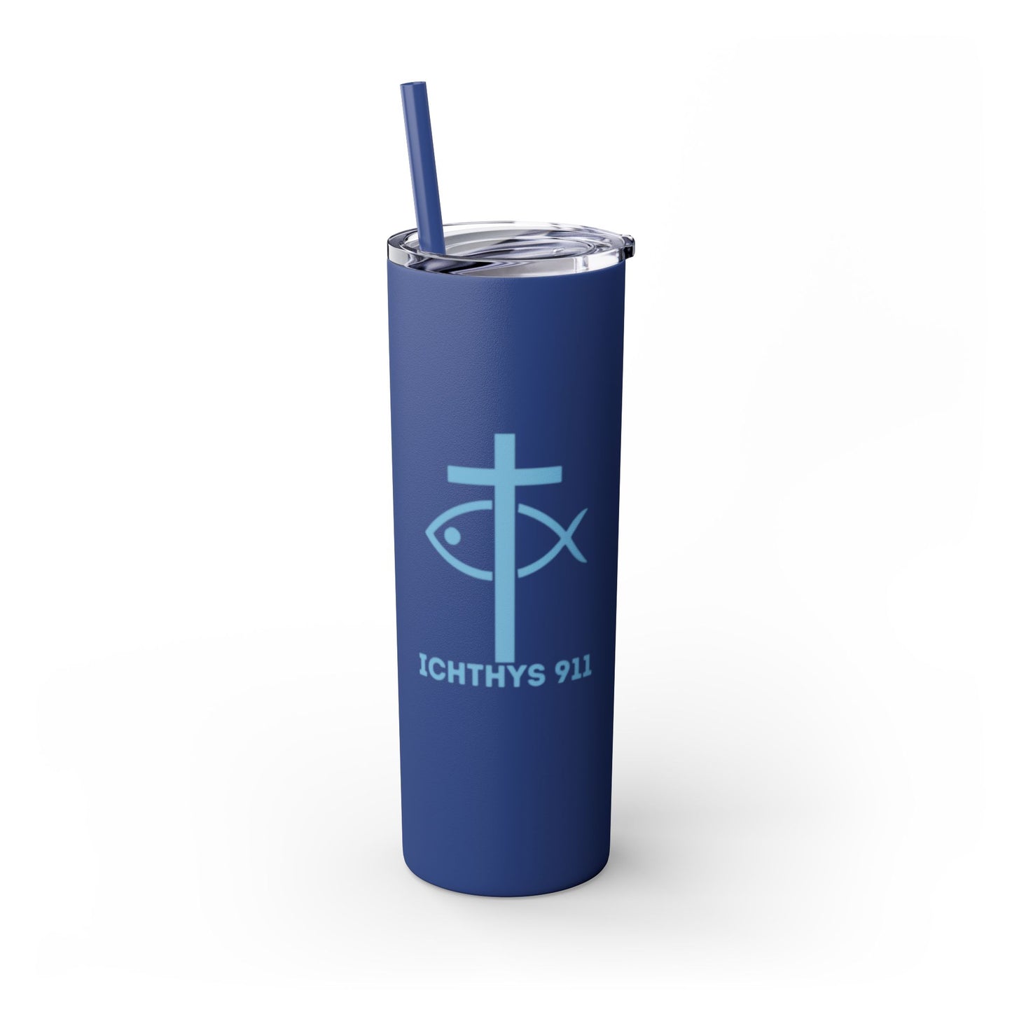ICHTHYS 911 - Blue Font - Faith-Inspired Skinny Tumbler with Straw - 20oz Baby Shower Drip
