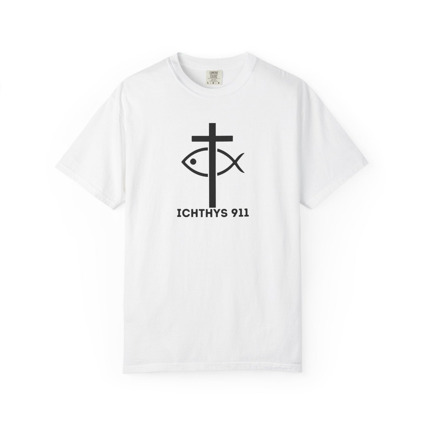 ICHTHYS 911 - Authentic - Christian Streetwear T-Shirt / Sweatshirt – Jesus Gym & Faith Fashion, Unisex Garment-Dyed T-Shirt Soft Pink Font