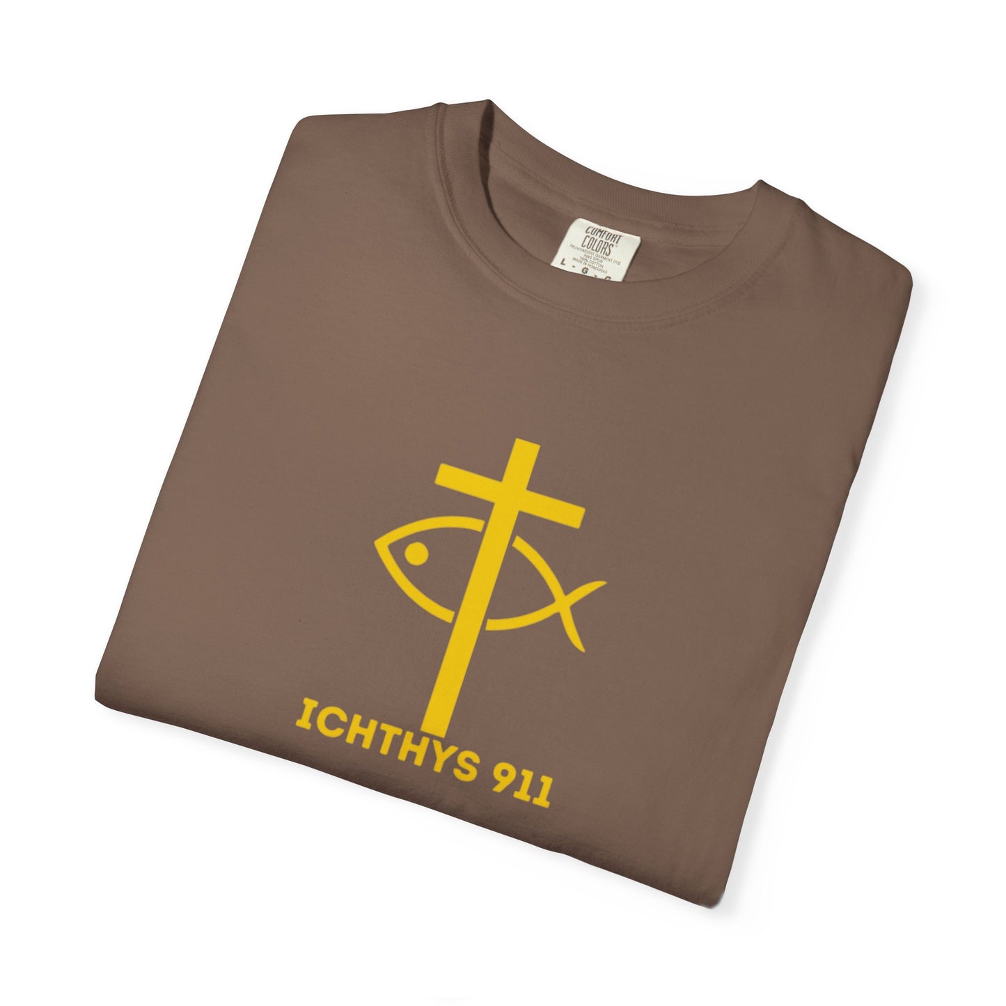 ICHTHYS 911 Gold Font "Faith, Hope, & Love" - Unisex Garment Dyed T-Shirt - 100# US Cotton - Men T-Shirt - Women T-Shirt - Christian T- Shirt -Faith-Inspired Shirt - Christian Fashion - Wear Your Faith