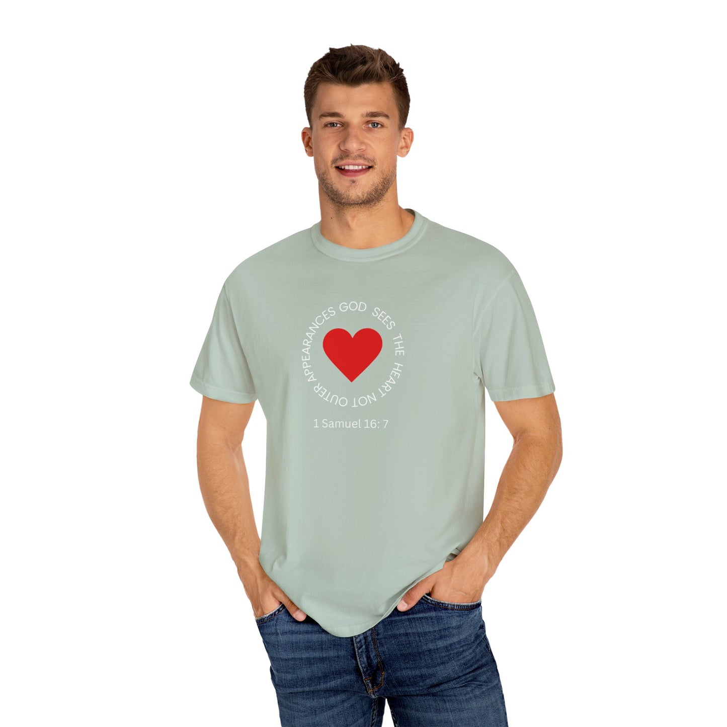 ICHTHYS 911 - "God Sees the Heart" Reverse Design - White Font - Unisex Garment - Dyed T-Shirt - 100% US Cotton - Men T-Shirt - Women T-Shirt - Inspirational Graphic T-Shirt for Everyday Motivation