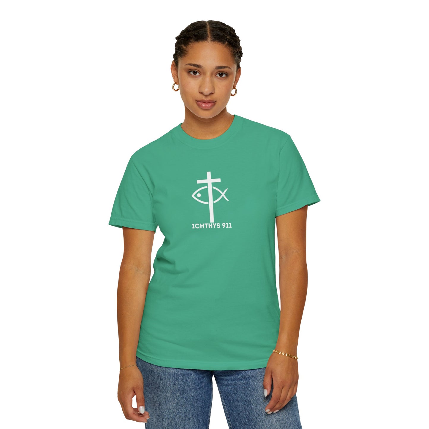 ICHTHYS 911 -  "God Sees the Heart" - White Font - Unisex Garment - Dyed T-Shirt - Inspirational Graphic T-Shirt for Everyday Motivation - 100% US cotton
