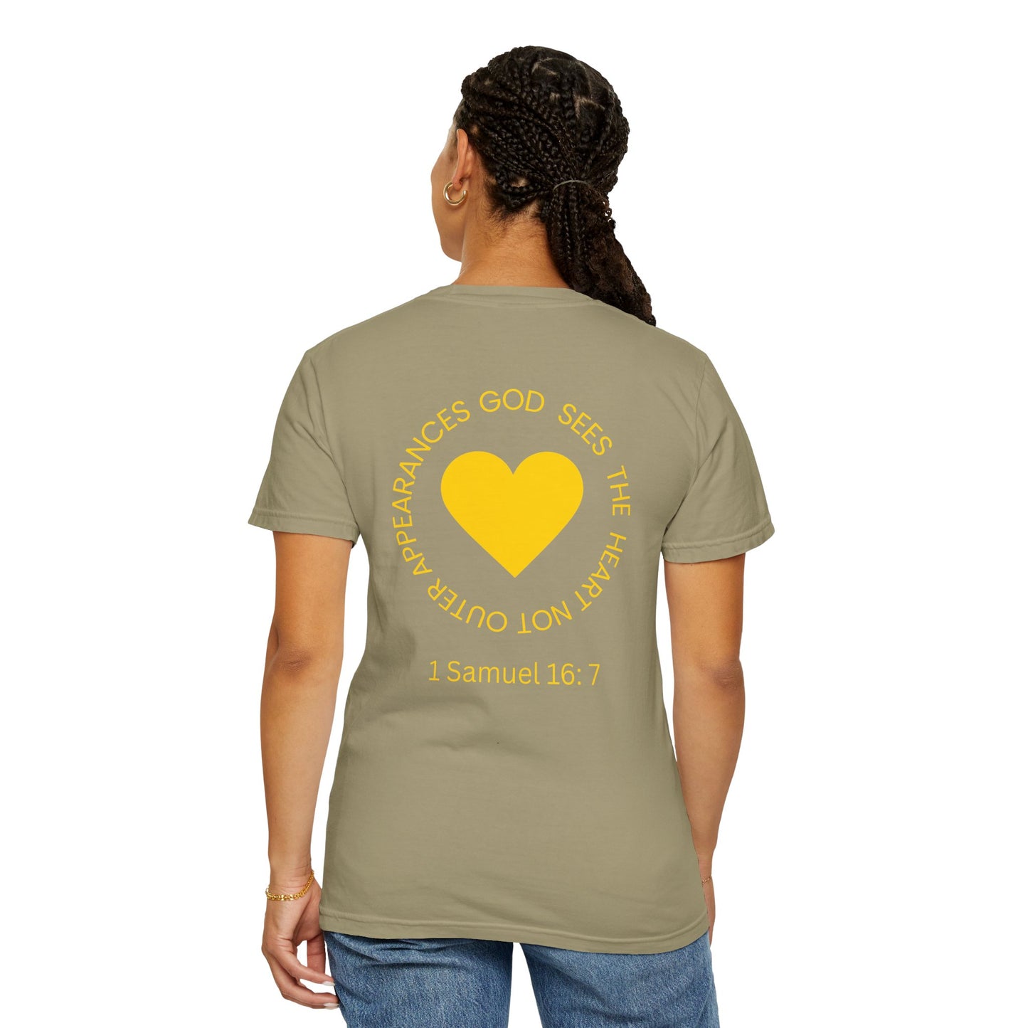 ICHTHYS 911 - "God Sees the Heart" Reverse' Gold Font - Unisex Garment - Dyed T-Shirt - 100% US Cotton - Men T-Shirt - Women T-Shirt - Inspirational Graphic T-Shirt for Everyday Motivation