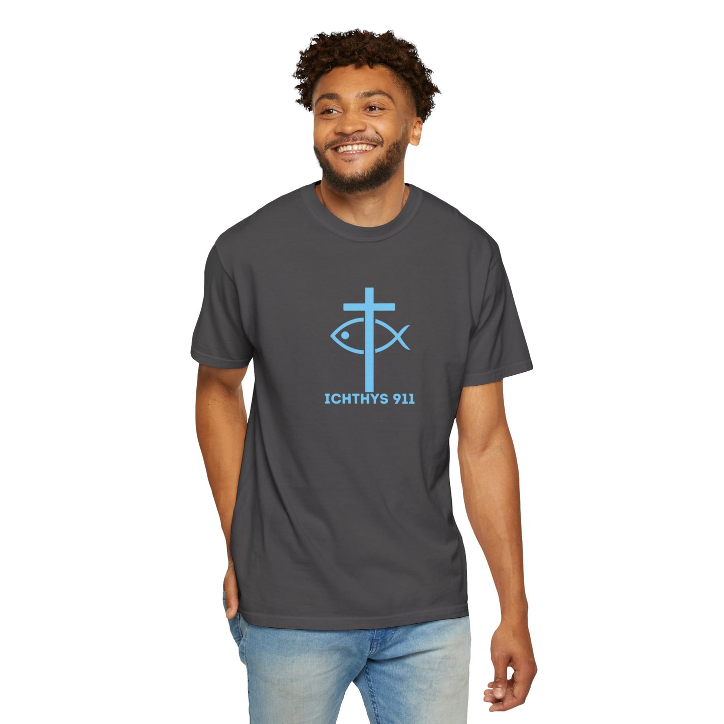 Jesus Christ Son of God Savior - Blue Font - Unisex Garment Dyed T- Shirt - Men T-Shirt - Women T-Shirt - Christian Streetwear T-Shirt – Jesus Gym & Faith Fashion - ICHTHYS 911