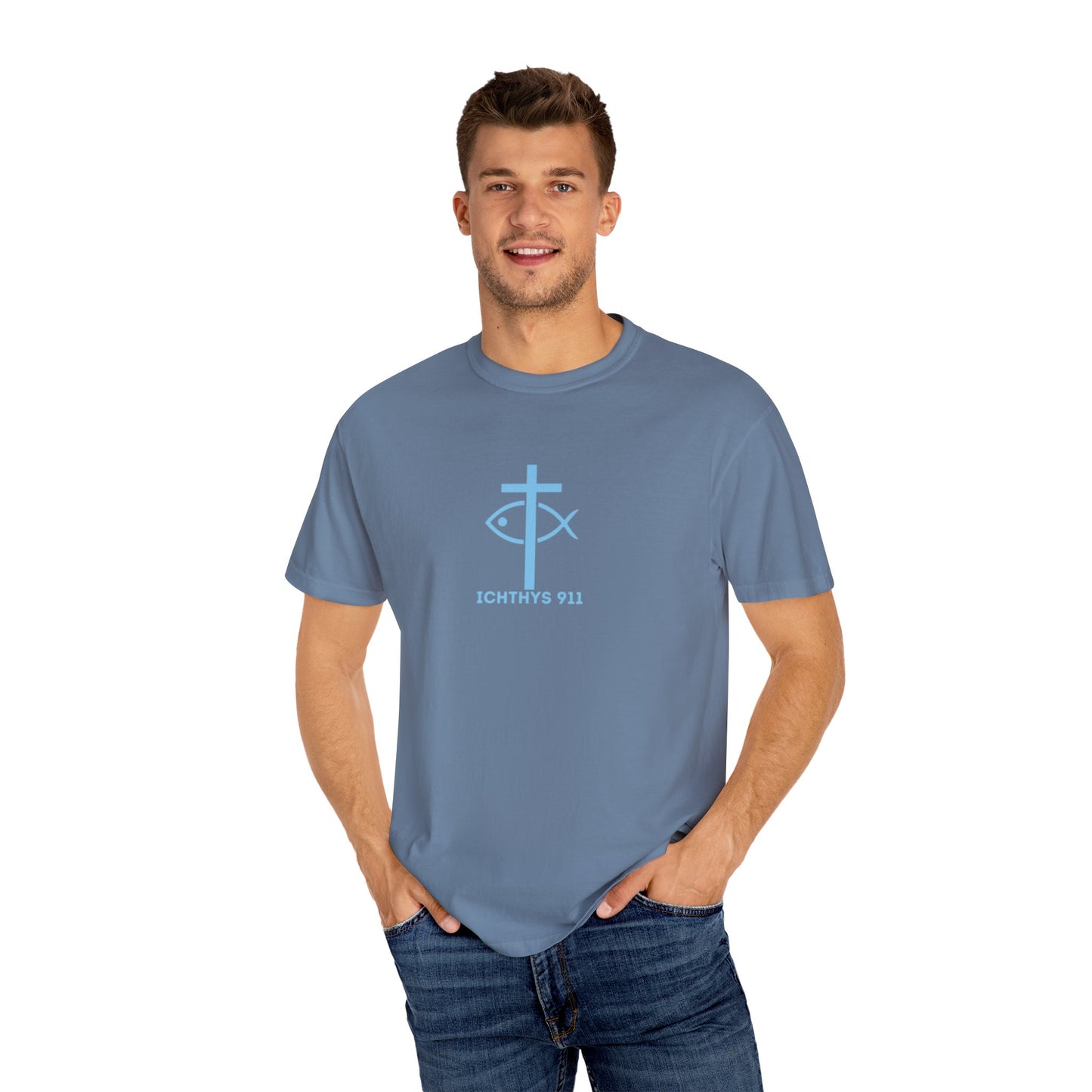 ICHTHYS 911 - Blue Font "Faith, Hope, & Love" - Unisex T-Shirt - Men T-Shirt - Christian Women Tee - Faith-Inspired Shirt - Christian Fashion - Wear Your Faith