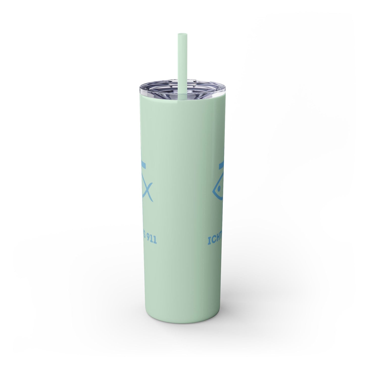 ICHTHYS 911 - Blue Font - Faith-Inspired Skinny Tumbler with Straw - 20oz Baby Shower Drip