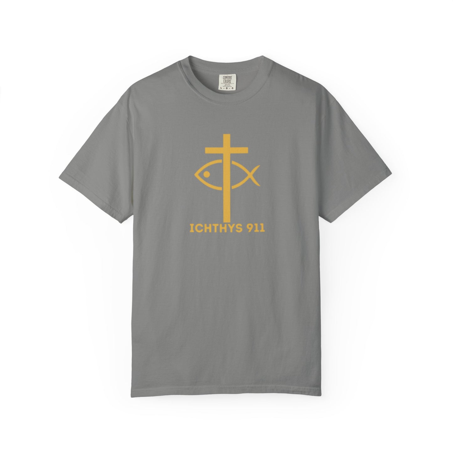 Iēsous Christos, Theou Yios, Sōtēr = Jesus Christ, Son of God, Savior - Gold Font - Unisex Garment Dyed T- Shirt - Men T-Shirt - Women T-Shirt - Christian Streetwear T-Shirt – Jesus Gym & Faith Fashion,ICHTHYS 911 -