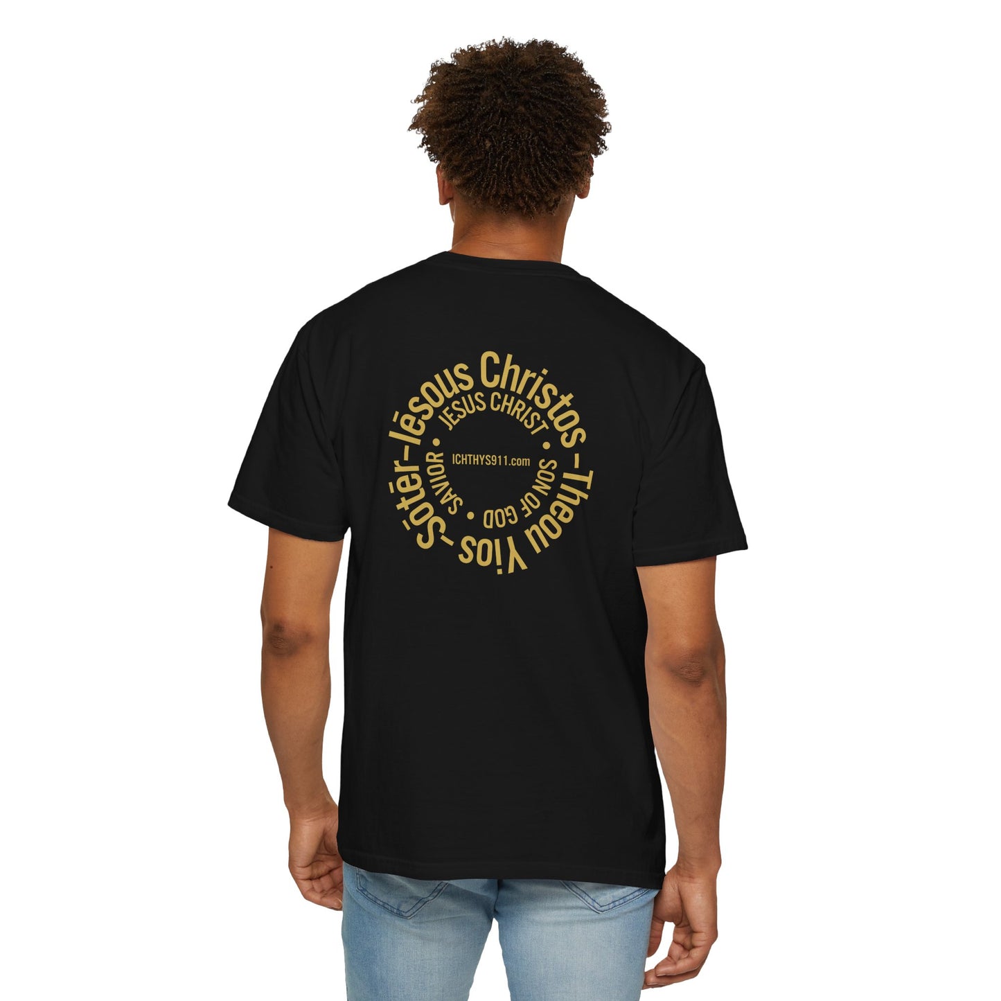 Iēsous Christos, Theou Yios, Sōtēr = Jesus Christ, Son of God, Savior - Gold Font - Unisex Garment Dyed T- Shirt - Men T-Shirt - Women T-Shirt - Christian Streetwear T-Shirt – Jesus Gym & Faith Fashion,ICHTHYS 911 -