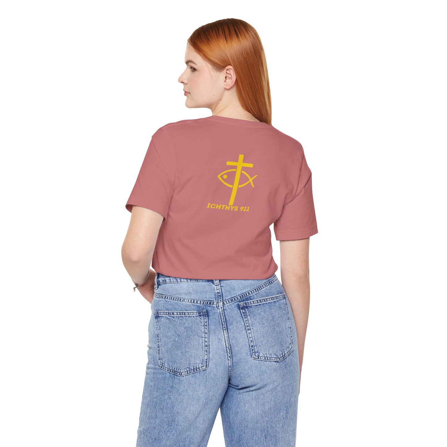 ICHTHYS 911 - "Roll With God Love Like Jesus" - Reverse Design - Unisex T- Shirt - Lightweight 100% Cotton - Summer T - Arm Form Fitting - Men T- Shirt - Women T-Shirt - Christian T-Shirt - Love Like Jesus