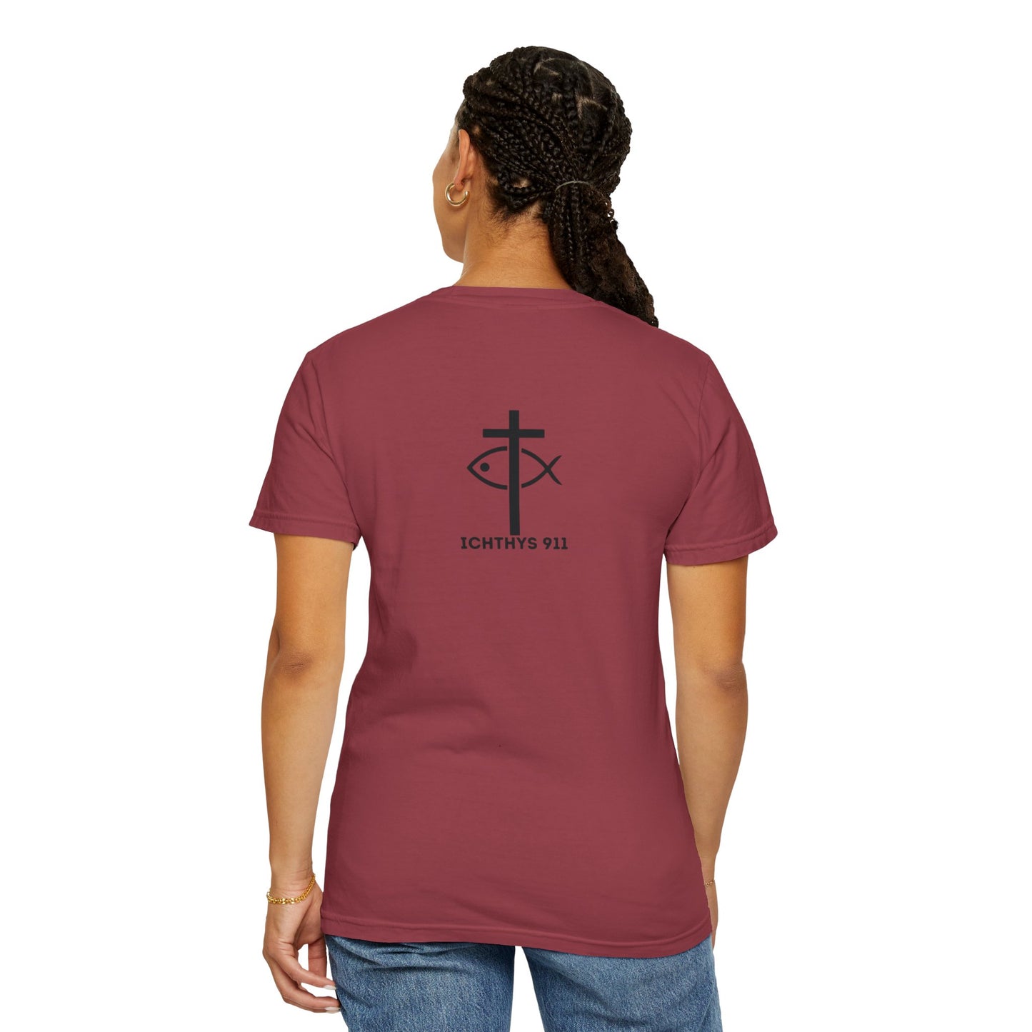 ICHTHYS 911 "Faith & Strength" Reverse - Black Font - Unisex Garment -Dyed Tee - 100% US Cotton - Men T-Shirt - Women T-Shirt - Inspirational Christian Shirt - Very Good Quality and Feel