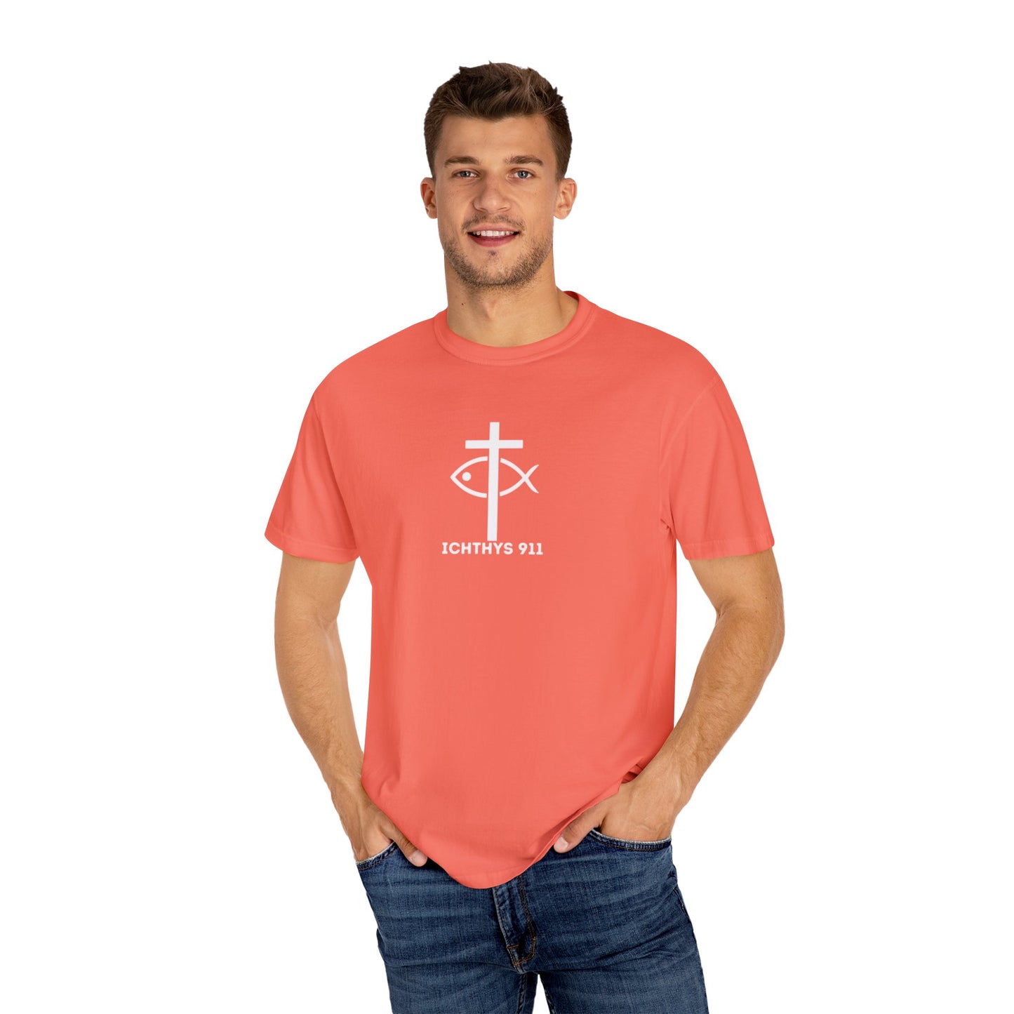 ICHTHYS 911 -  "God Sees the Heart" - White Font - Unisex Garment - Dyed T-Shirt - Inspirational Graphic T-Shirt for Everyday Motivation - 100% US cotton