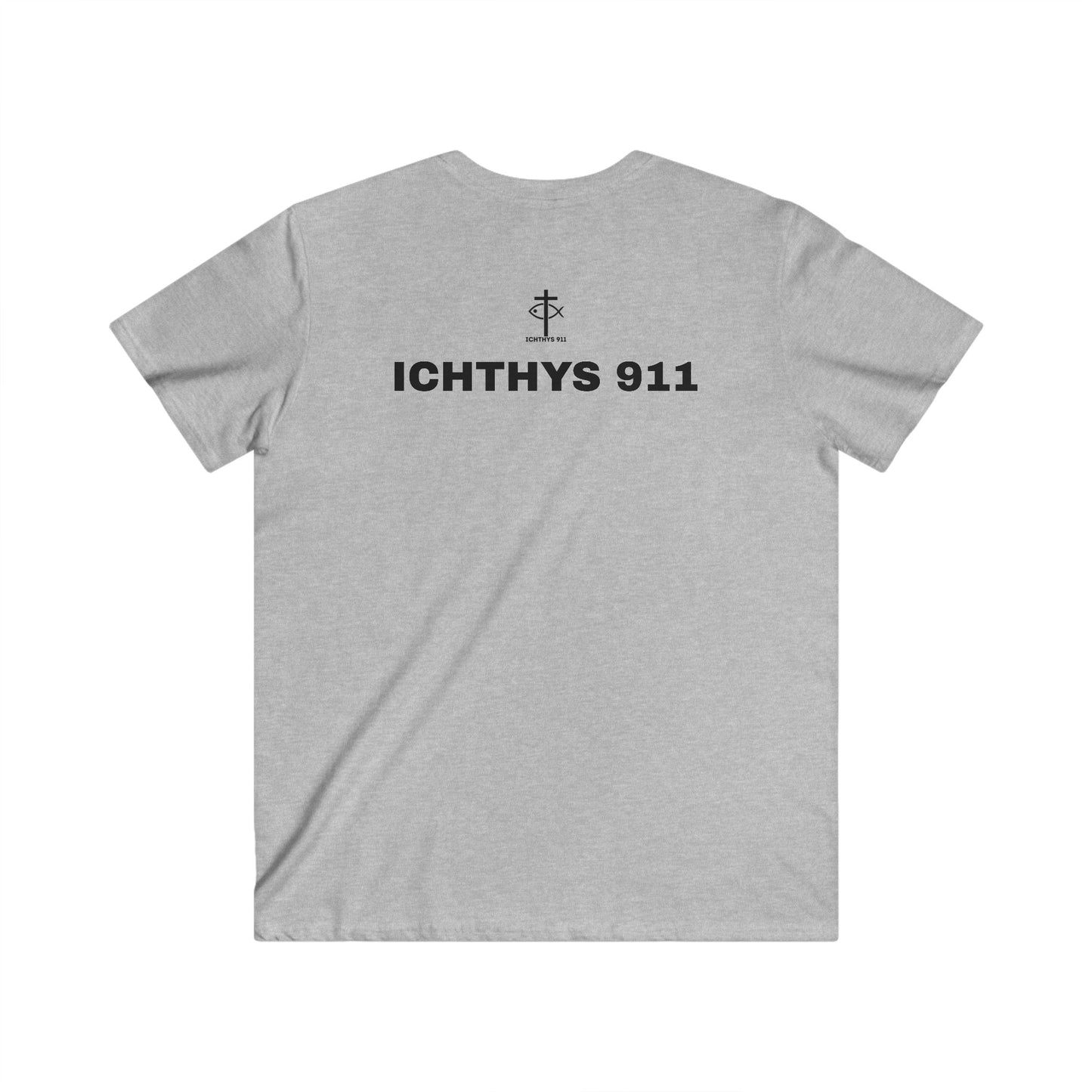 ICHTHYS 911 -Black Font - "Authentic Collection" Mens Fitted V-Neck Short Sleeve T - Shirt - Faith-Inspired featuring Christian Faith