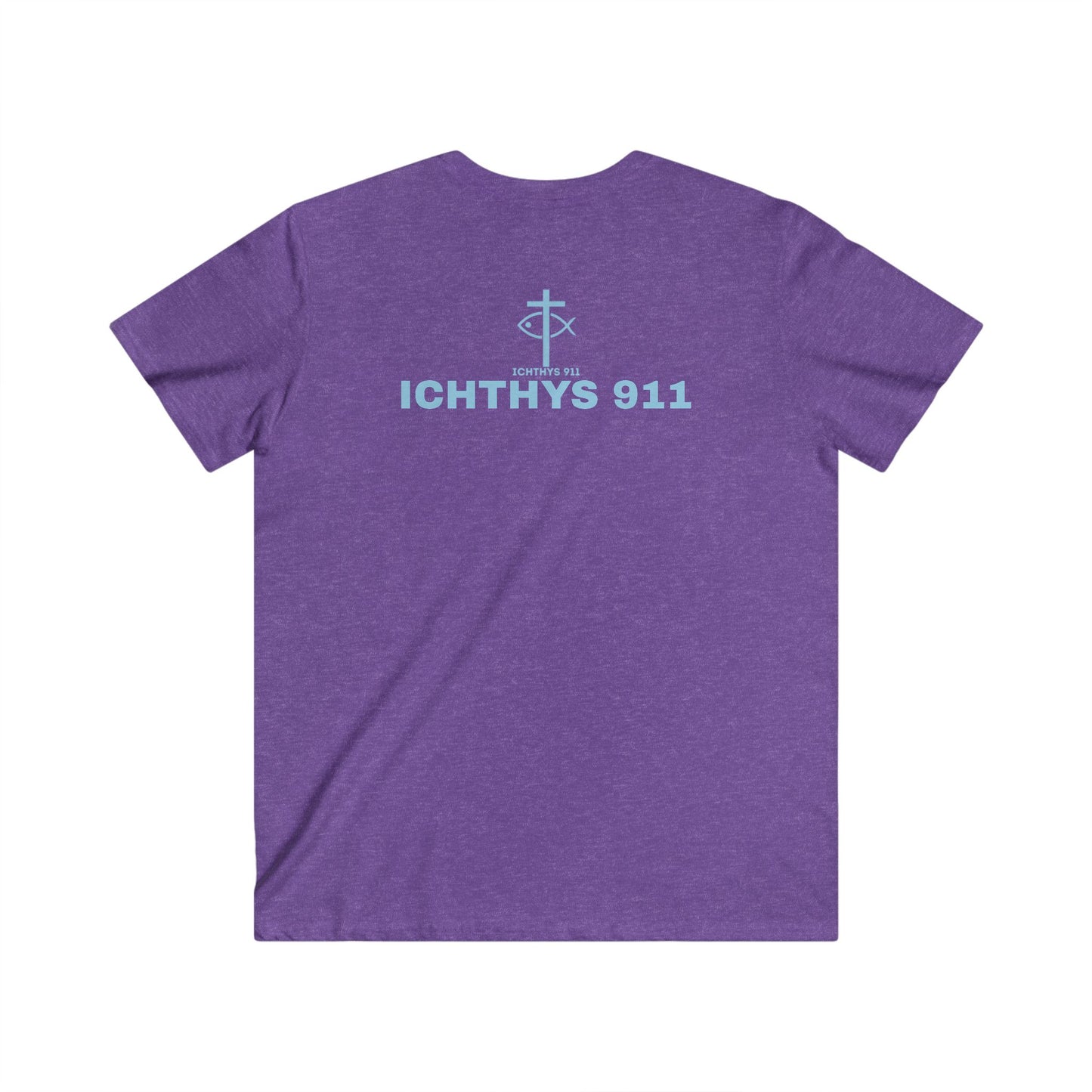 "Authentic" Collection - Men's Fitted V-Neck Short Sleeve T - Shirt - W/O IC 911 on Back - Faith-Inspired - Christian Faith - ICHTHYS 911 - Blue Font