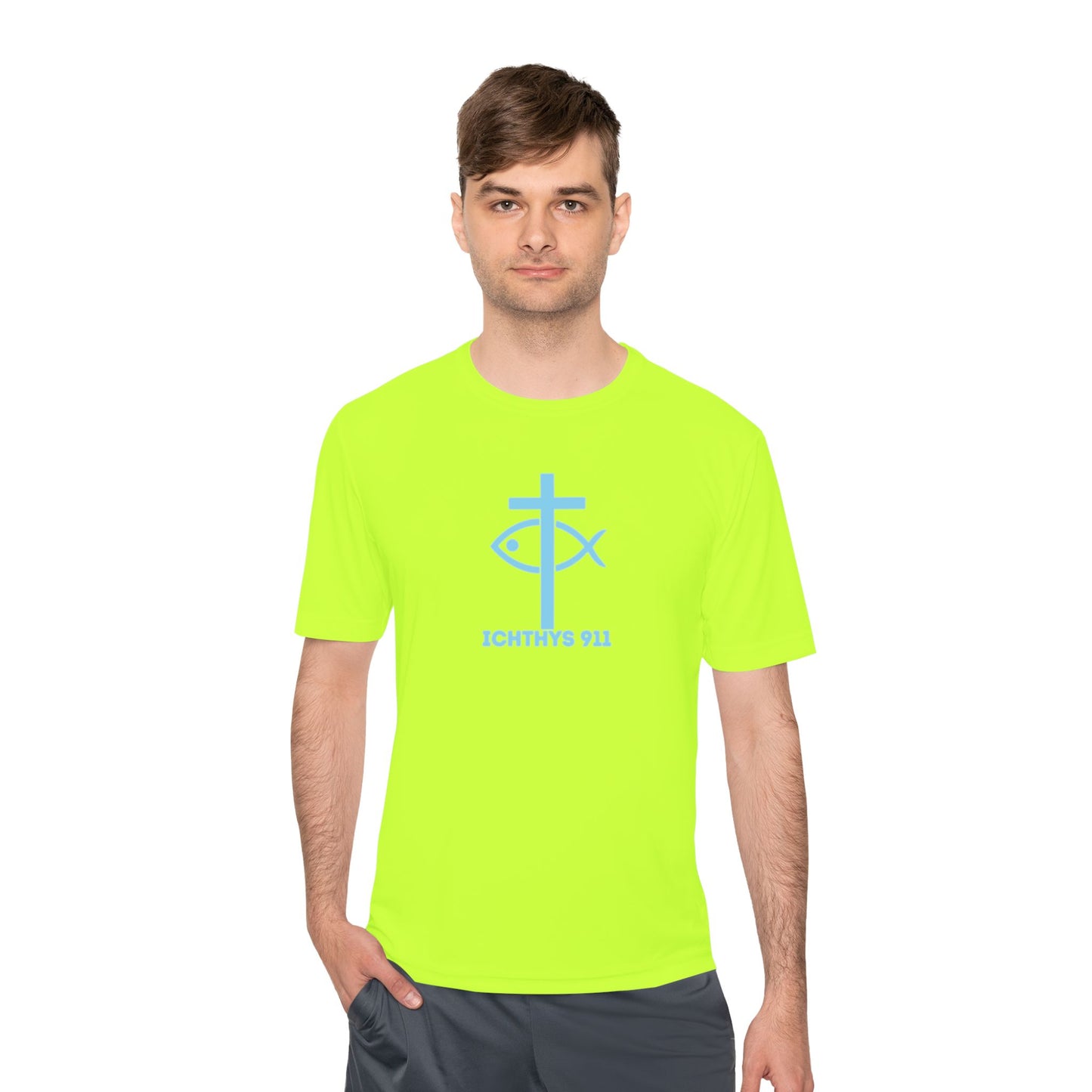 ICHTHYS 911 - Blue Font - "Jesus Is His Name Saving Souls is His Game" - Unisex Performance Shirt -Men T-Shirt - Women - Moisture Wicking Tee911