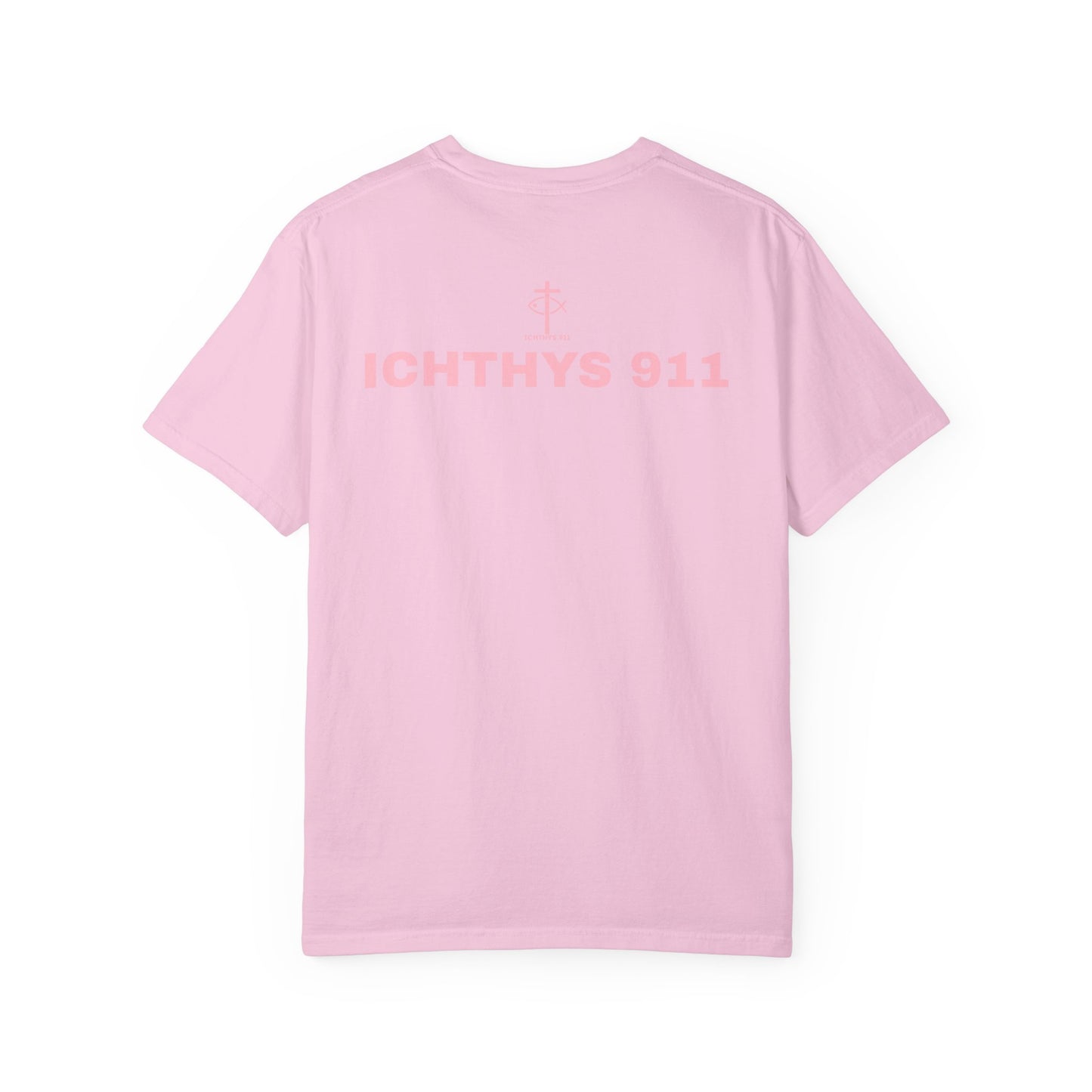 ICHTHYS 911 - Authentic - Christian Streetwear T-Shirt / Sweatshirt – Jesus Gym & Faith Fashion, Unisex Garment-Dyed T-Shirt Soft Pink Font
