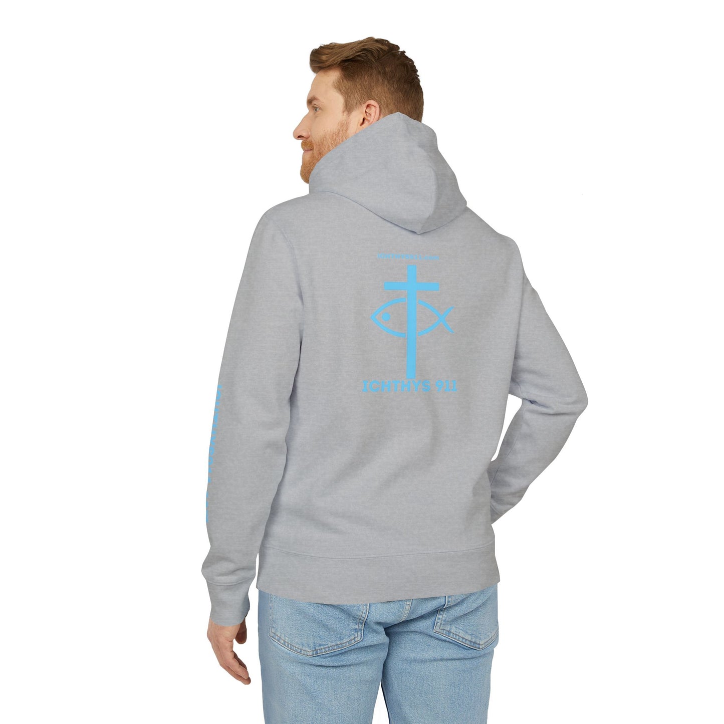 ICHTHYS 911 Hoodie - JESUS Fish - Blue Font - Faith Fashion - Unisex - Make Font Color Design requests -100% Organic -