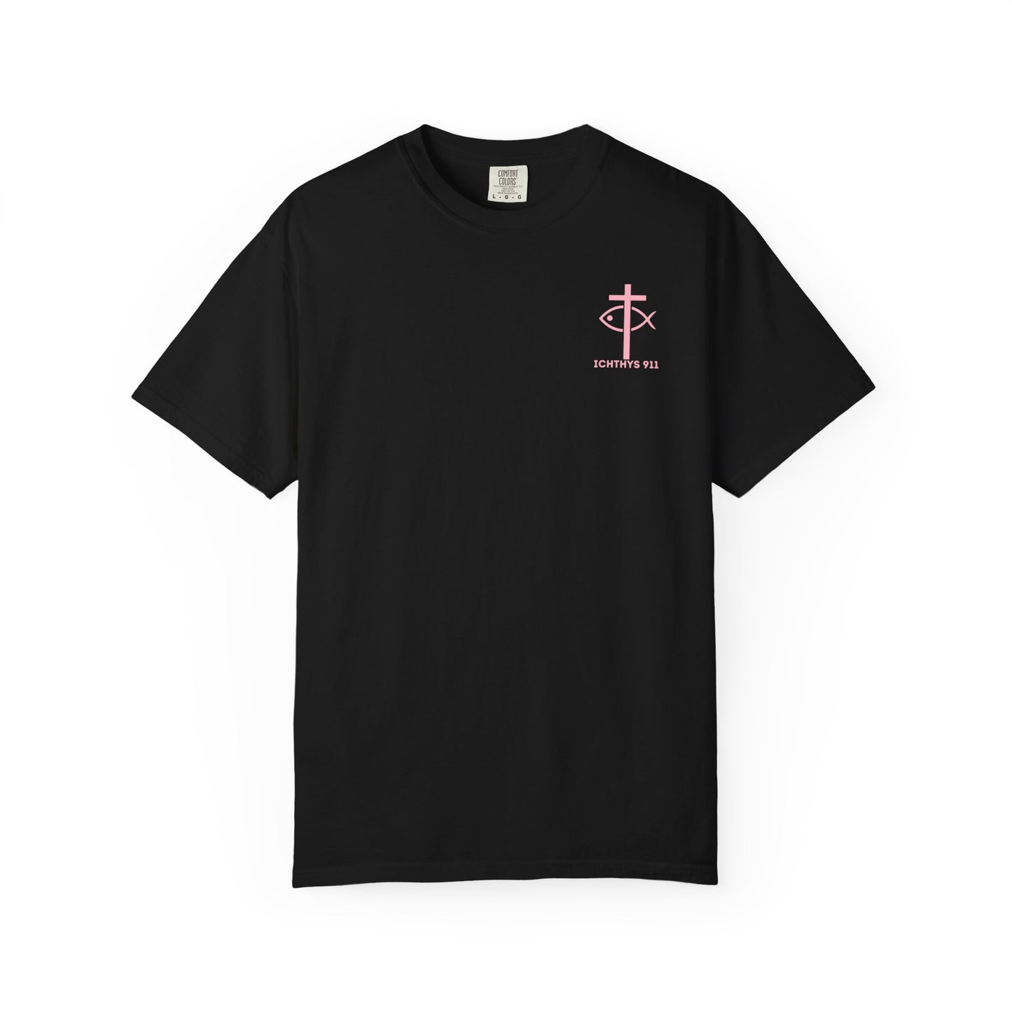 ICHTHYS 911 Pink Font "Badge Collection" - Unisex Garment Dyed T-Shirt 100% US Cotton - Christian Graphic Tee - Gym - T - Christian Faith - Jesus Wear - Women T-Shirt - Men T-Shirt - Garment Dyed