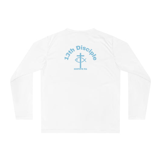 ICHTHYS 911 - Blue Font "13th Disciple" Unisex Performance Long Sleeve Shirt - 100% Moisture-Wicking Polyester - Men - Women - Christian Activewear Blue Font