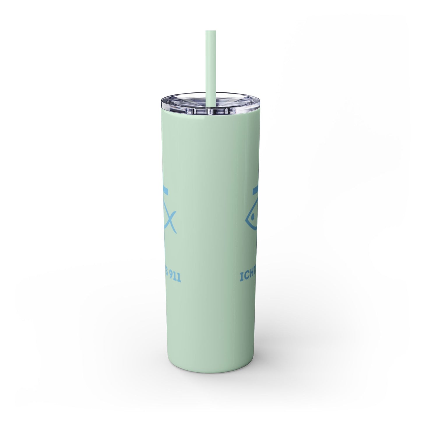 ICHTHYS 911 - Blue Font - Faith-Inspired Skinny Tumbler with Straw - 20oz Baby Shower Drip