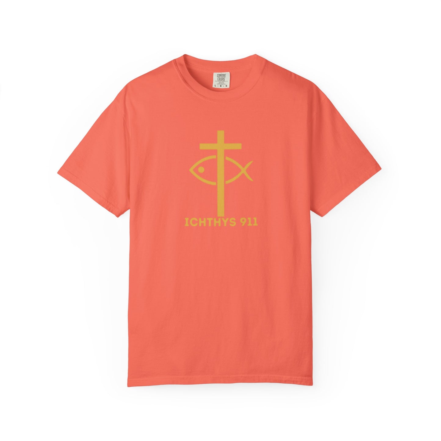 Iēsous Christos, Theou Yios, Sōtēr = Jesus Christ, Son of God, Savior - Gold Font - Unisex Garment Dyed T- Shirt - Men T-Shirt - Women T-Shirt - Christian Streetwear T-Shirt – Jesus Gym & Faith Fashion,ICHTHYS 911 -