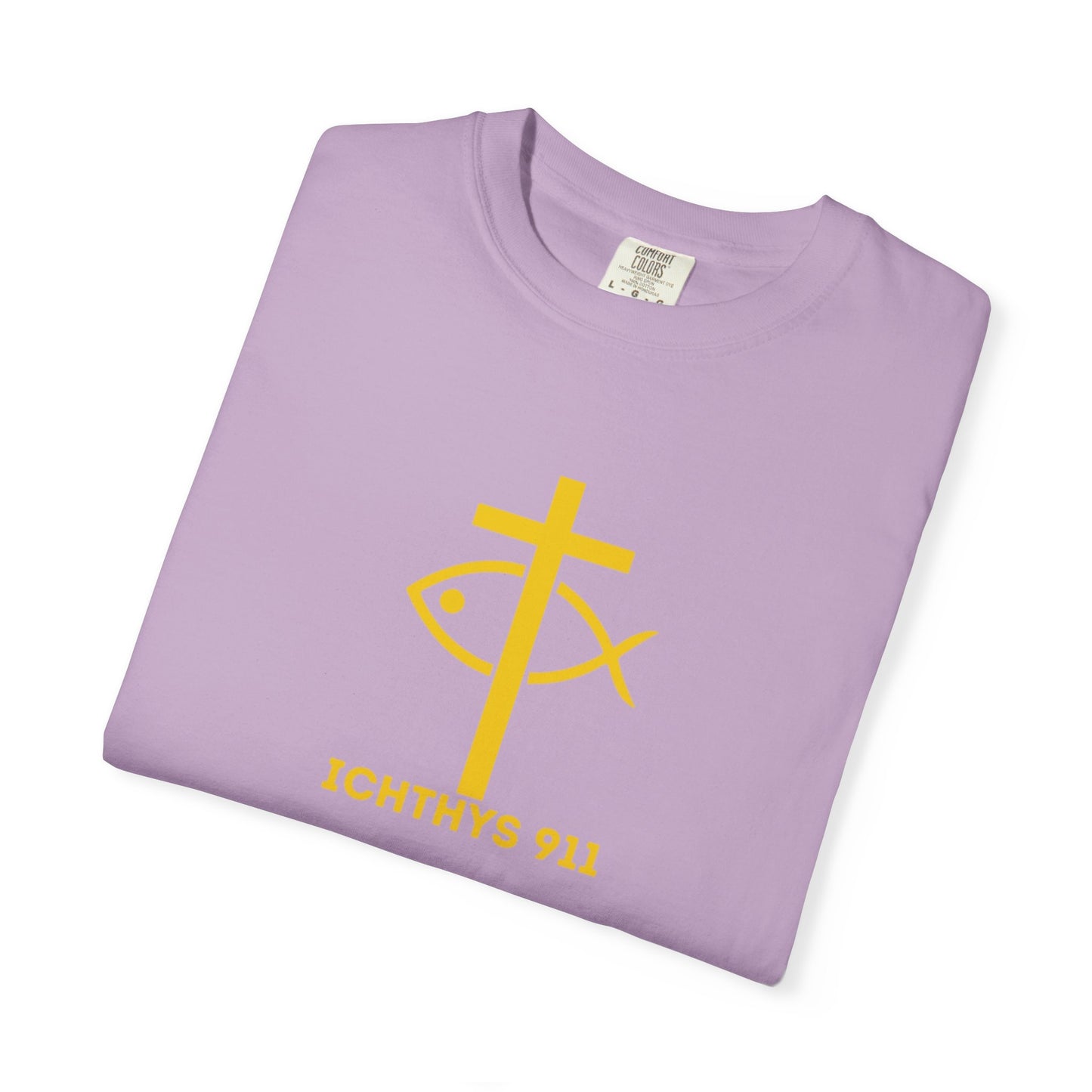 ICHTHYS 911 Gold Font "Faith, Hope, & Love" - Unisex Garment Dyed T-Shirt - 100# US Cotton - Men T-Shirt - Women T-Shirt - Christian T- Shirt -Faith-Inspired Shirt - Christian Fashion - Wear Your Faith