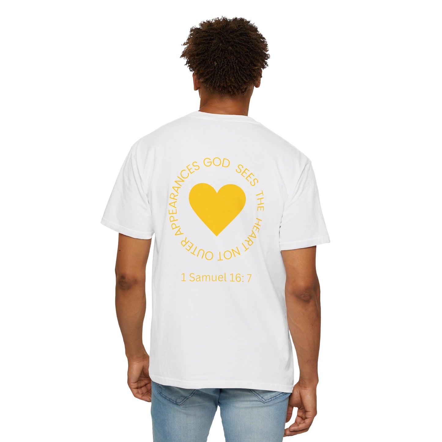 ICHTHYS 911 - "God Sees the Heart" Reverse' Gold Font - Unisex Garment - Dyed T-Shirt - 100% US Cotton - Men T-Shirt - Women T-Shirt - Inspirational Graphic T-Shirt for Everyday Motivation
