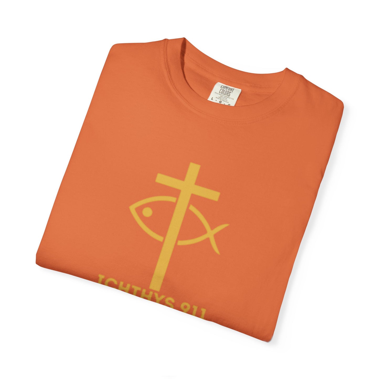 Iēsous Christos, Theou Yios, Sōtēr = Jesus Christ, Son of God, Savior - Gold Font - Unisex Garment Dyed T- Shirt - Men T-Shirt - Women T-Shirt - Christian Streetwear T-Shirt – Jesus Gym & Faith Fashion,ICHTHYS 911 -