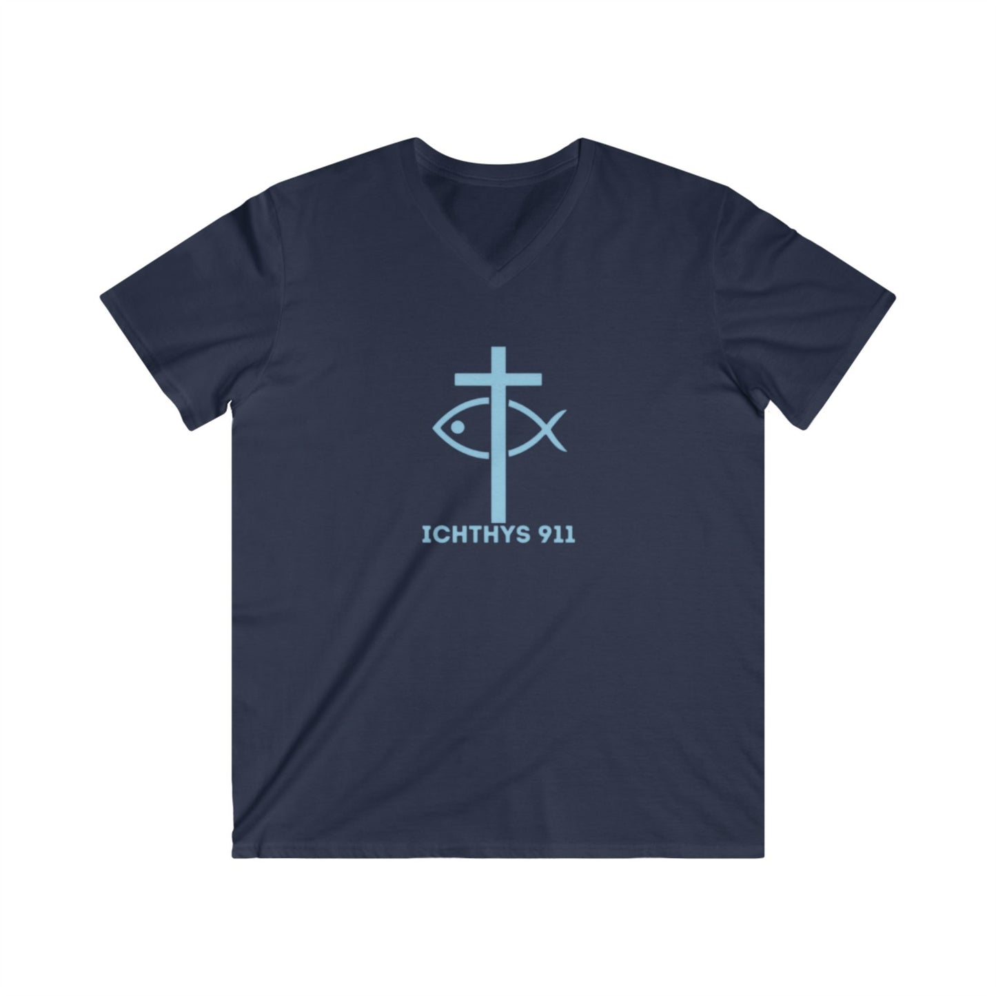 Iēsous Christos, Theou Yios, Sōtēr - Collection - Black Font - Men's Fitted V-Neck Short Sleeve T - Shirt - Faith-Inspired - Christian Faith ICHTHYS 911 Design