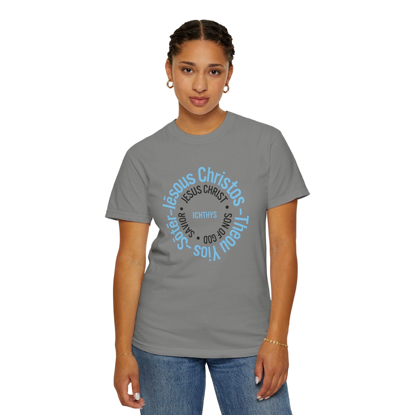 ICHTHYS 911 Blue & Black Font "Iēsous Christos, Theou Yios, Sōtēr" - Collection - Reverse Design - Unisex Garment Dyed - 100% US Cotton - Christian Graphic Tee - Gym - T - Christian Faith - Jesus Wear - Women T-Shirt - Men T-Shirt