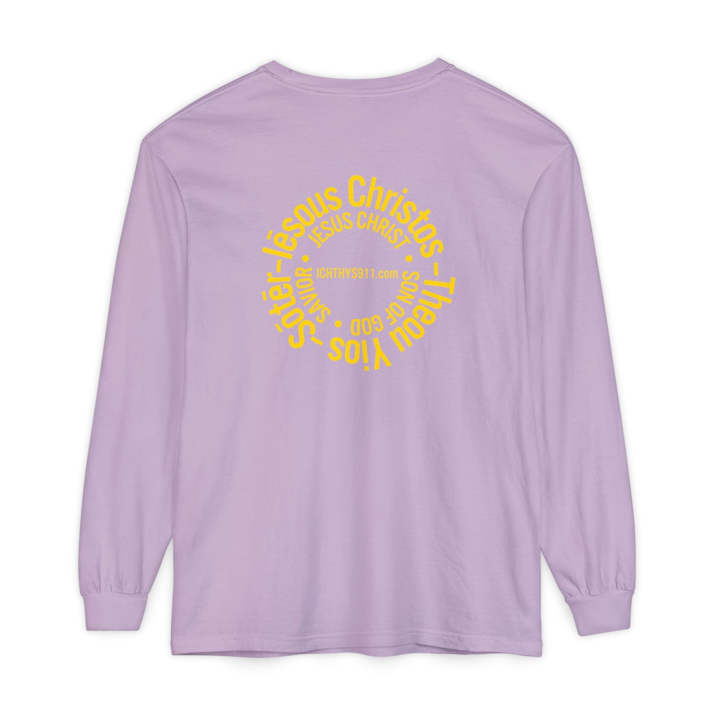 Authentic ICHTHYS 911 Collection -  Gold Font - Unisex Garment Dyed Long Sleeve T-Shirt - Men Long Sleeve - Women Long Sleeve - Christian Faith Symbol Tee - Faith Inspired
