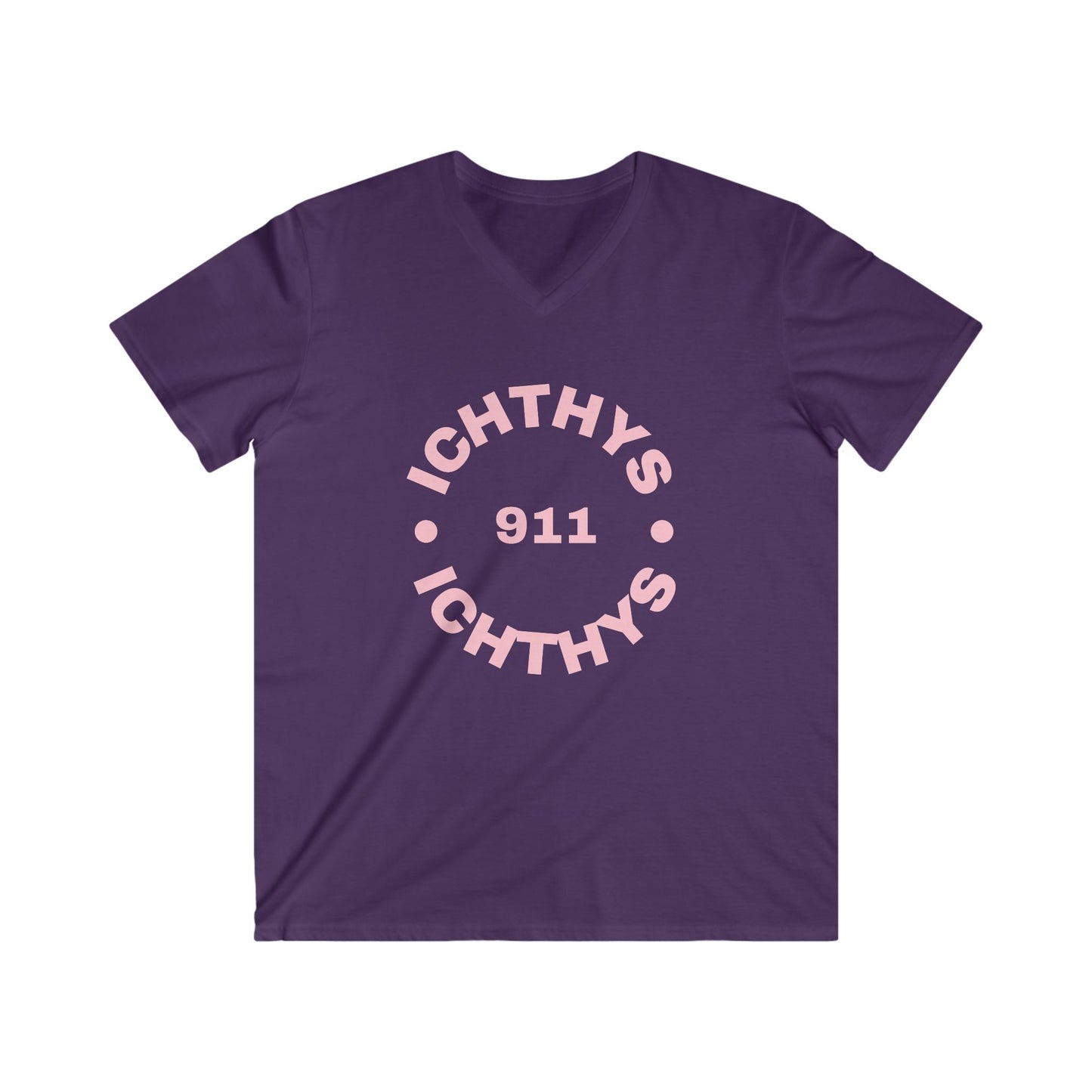 ICHTHYS 911 - Authentic Round Collection - Men's Fitted V-Neck Short Sleeve T - Shirt - Faith-Inspired - Christian Faith - Pink Font