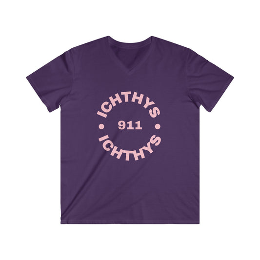 ICHTHYS 911 - Authentic Round Collection - Men's Fitted V-Neck Short Sleeve T - Shirt - Faith-Inspired - Christian Faith - Pink Font