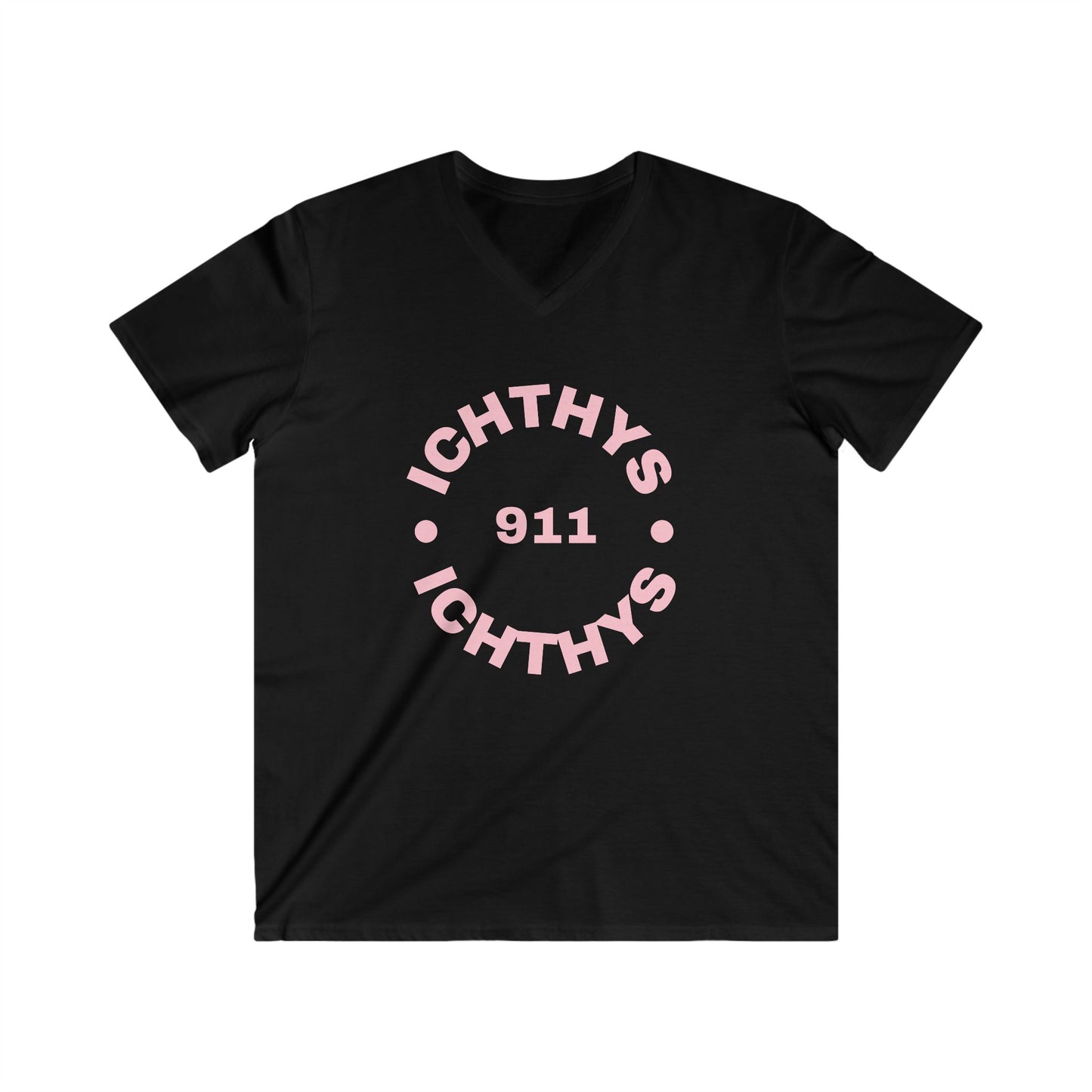 ICHTHYS 911 - Authentic Round Collection - Men's Fitted V-Neck Short Sleeve T - Shirt - Faith-Inspired - Christian Faith - Pink Font