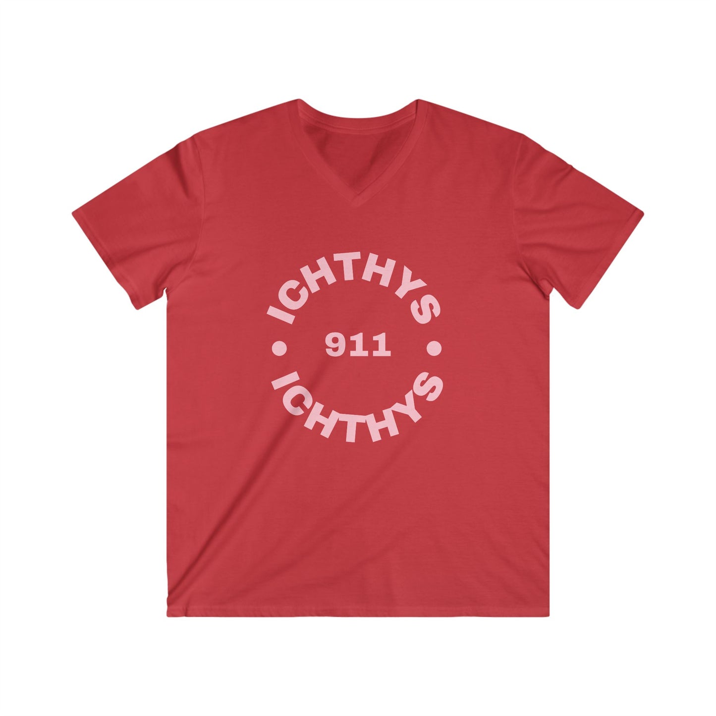 ICHTHYS 911 - Authentic Round Collection - Men's Fitted V-Neck Short Sleeve T - Shirt - Faith-Inspired - Christian Faith - Pink Font