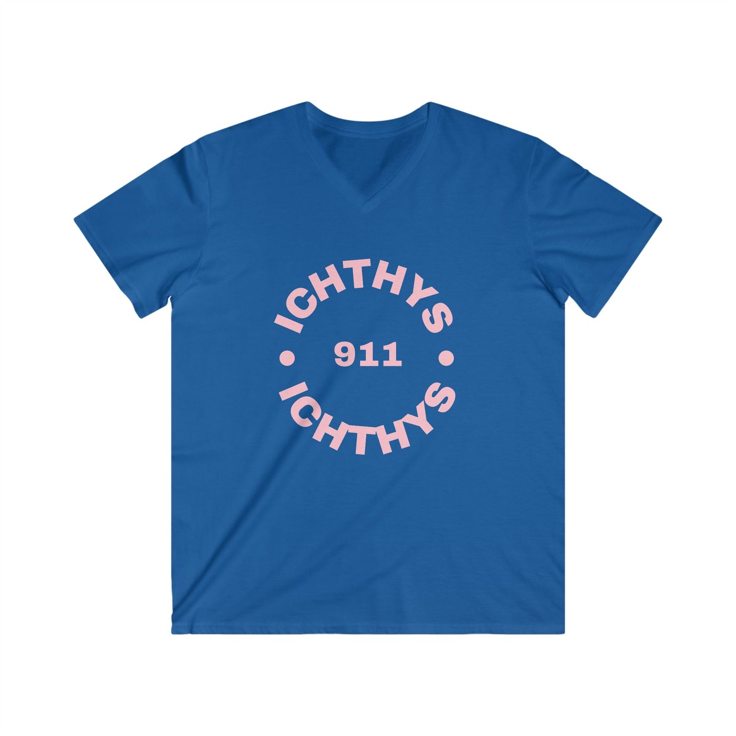 ICHTHYS 911 - Authentic Round Collection - Men's Fitted V-Neck Short Sleeve T - Shirt - Faith-Inspired - Christian Faith - Pink Font