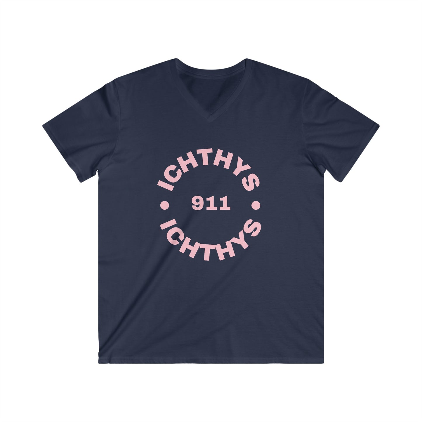 ICHTHYS 911 - Authentic Round Collection - Men's Fitted V-Neck Short Sleeve T - Shirt - Faith-Inspired - Christian Faith - Pink Font