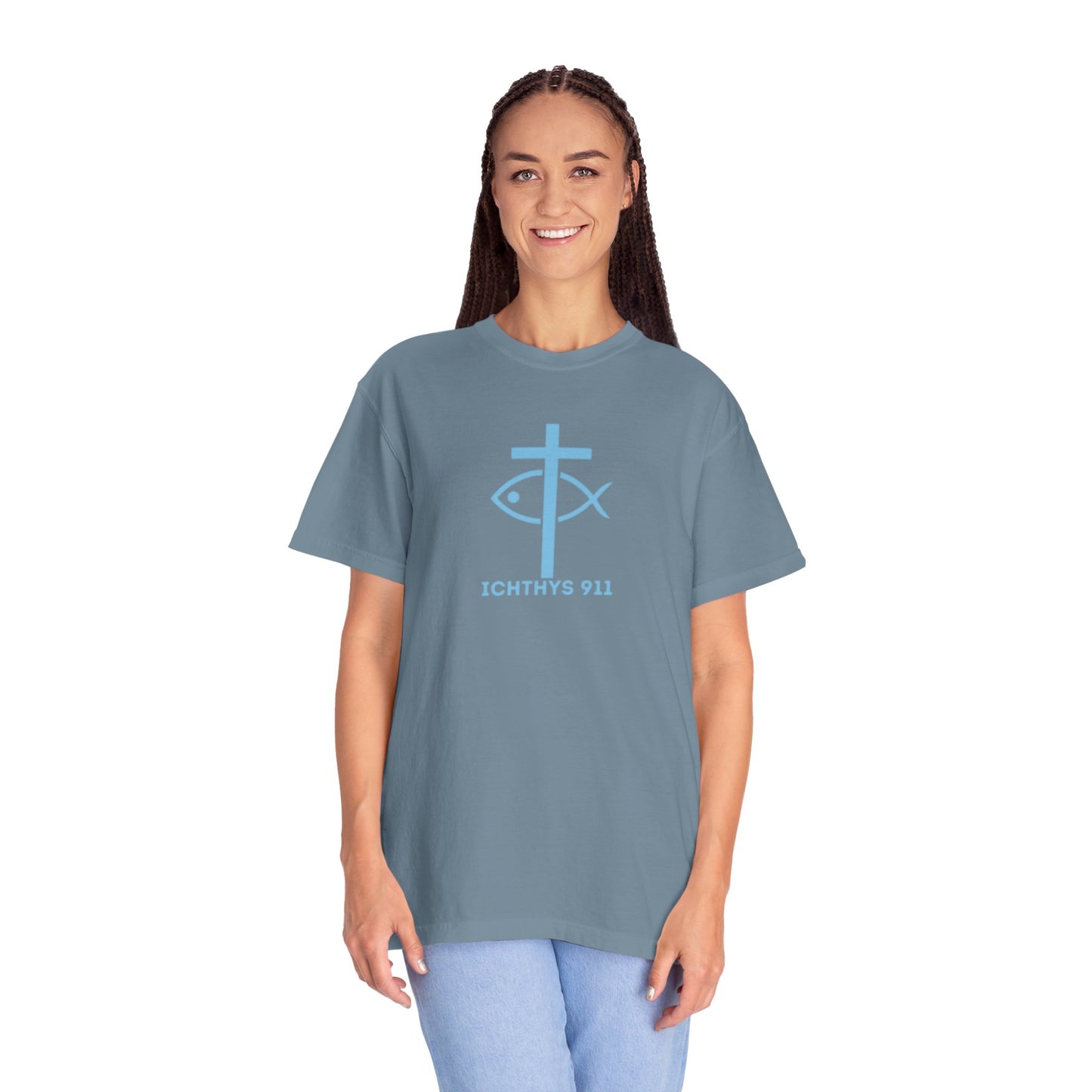 Iēsous Christos, Theou Yios, Sōtēr - Blue Font - Garment-Dyed Unisex T-Shirt - 100# US Cotton -Men T-Shirt - Women T-Shirt - Faith Inspired - Unisex Garment - ICHTHYS 911 - Blue Font - Heavy Duty Shirt