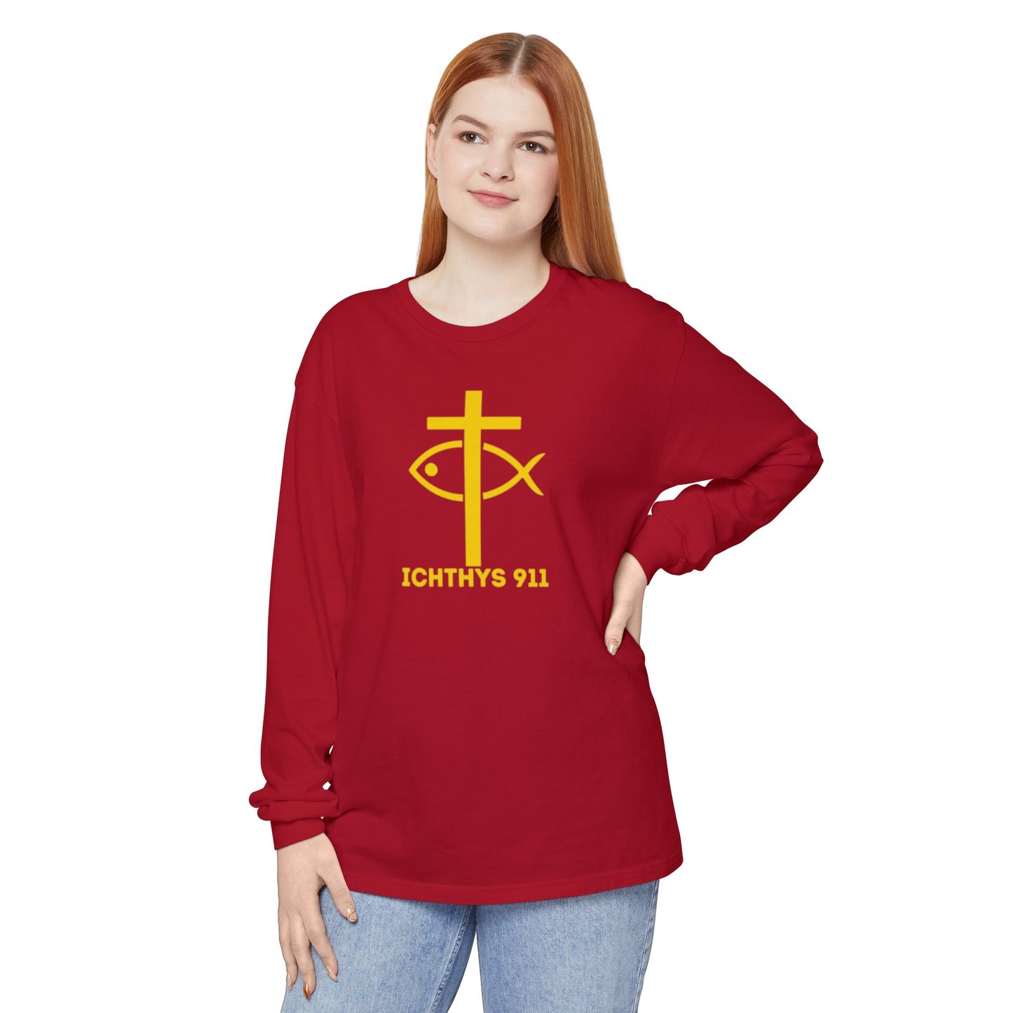Authentic ICHTHYS 911 Collection -  Gold Font - Unisex Garment Dyed Long Sleeve T-Shirt - Men Long Sleeve - Women Long Sleeve - Christian Faith Symbol Tee - Faith Inspired