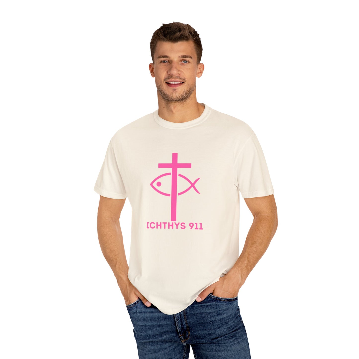 ICHTHYS 911 - Authentic - W/O IC 911 on Back Christian Streetwear T-Shirt – Jesus Gym & Faith Fashion, Unisex Garment-Dyed T-Shirt Hot Pink Font