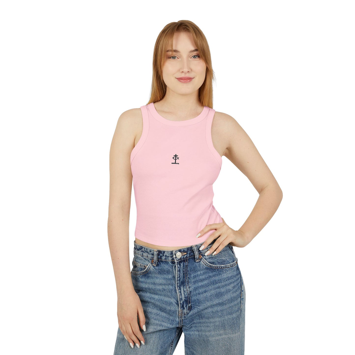 ICHTHYS 911 - Pink & Black Font "Iēsous Christos, Theou Yios, Sōtēr" - Faith-Inspired Women's Micro Rib Racer Tank Top - Cute Jesus Christ Design - Women Tank - Christian - Work Out