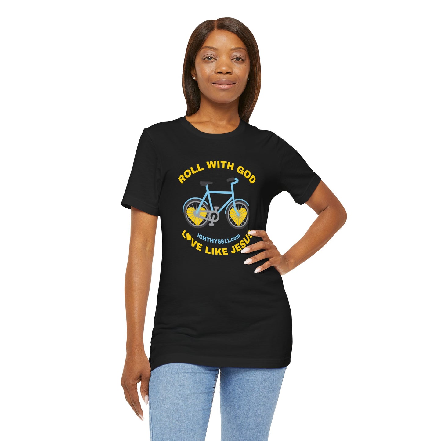 ICHTHYS 911 - "Roll With God Love Like Jesus" - Reverse Design - Unisex T- Shirt - Lightweight 100% Cotton - Summer T - Arm Form Fitting - Men T- Shirt - Women T-Shirt - Christian T-Shirt - Love Like Jesus