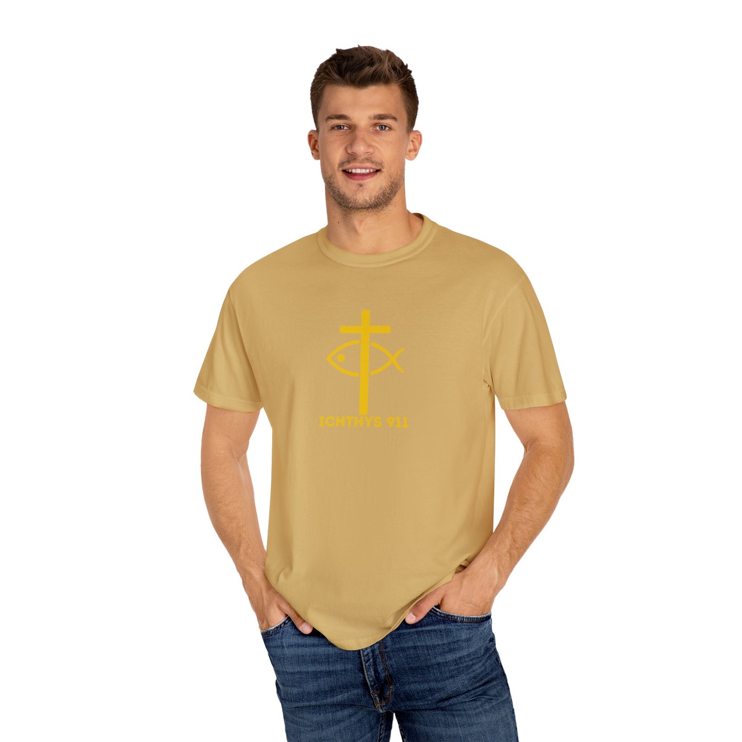 ICHTHYS 911 Gold Font "Faith, Hope, & Love" - Unisex Garment Dyed T-Shirt - 100# US Cotton - Men T-Shirt - Women T-Shirt - Christian T- Shirt -Faith-Inspired Shirt - Christian Fashion - Wear Your Faith