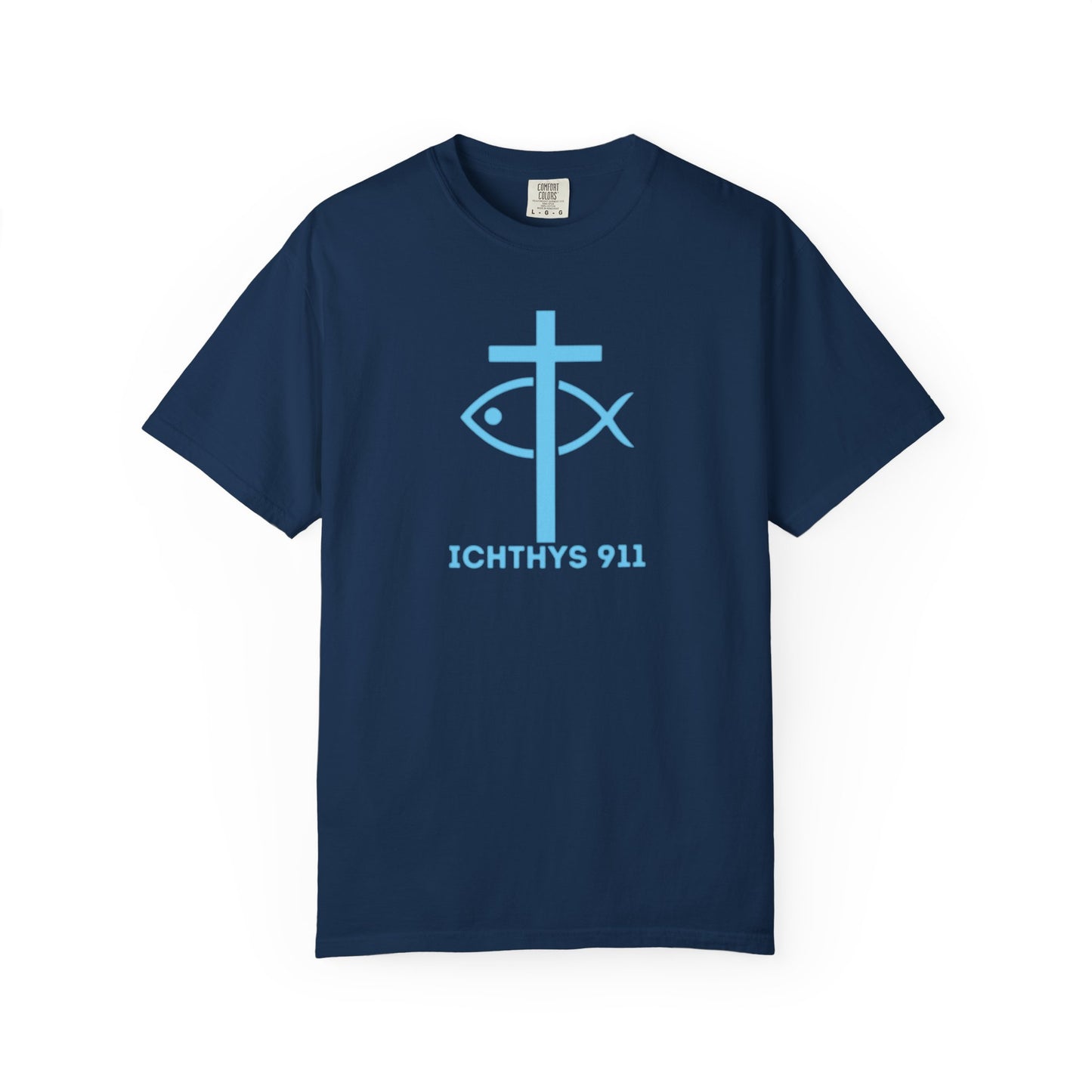 Authentic - Christian Streetwear T-Shirt – Jesus Gym & Faith Fashion, Unisex Garment-Dyed T-Shirt Blue Font - ICHTHYS 911