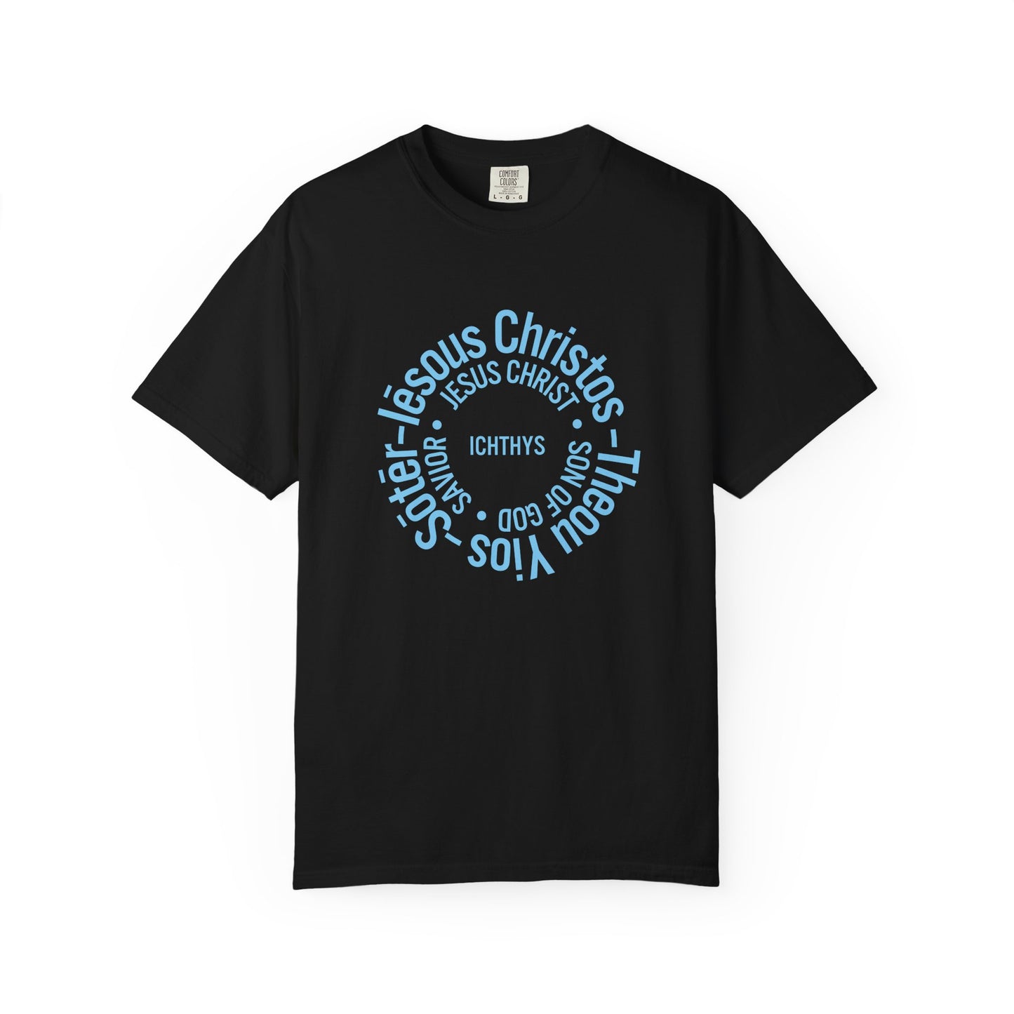 ICHTHYS 911 Blue & Black Font "Iēsous Christos, Theou Yios, Sōtēr" - Collection - Reverse Design - Unisex Garment Dyed - 100% US Cotton - Christian Graphic Tee - Gym - T - Christian Faith - Jesus Wear - Women T-Shirt - Men T-Shirt