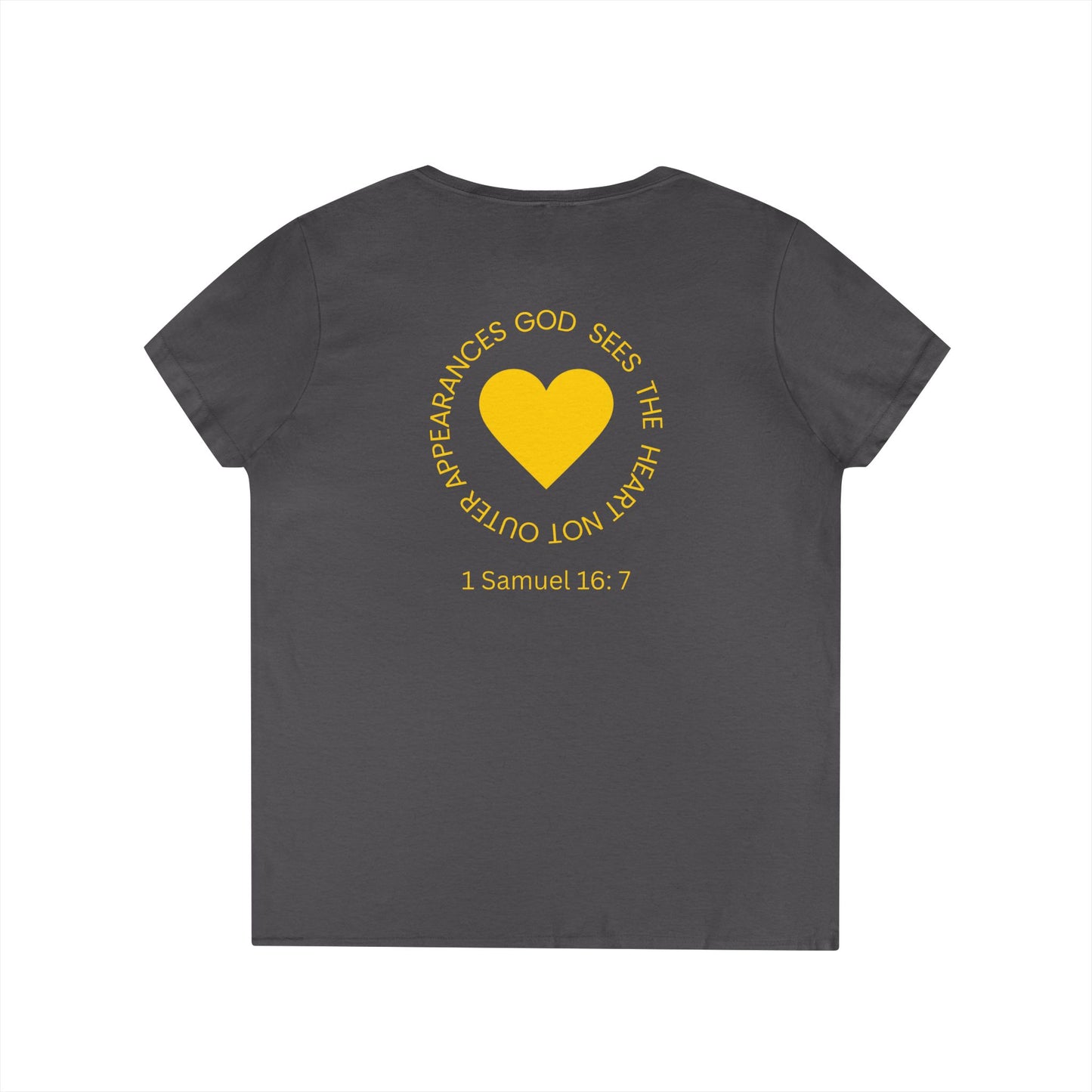 God Sees The Heart Gold Font Women’s Faith-Inspired V-Neck T-Shirt - ICHTHYS 911 Design911 Design
