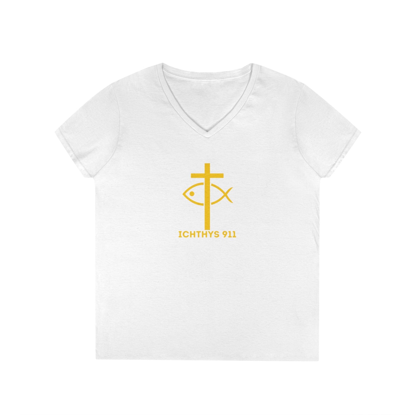God Sees The Heart Gold Font Women’s Faith-Inspired V-Neck T-Shirt - ICHTHYS 911 Design911 Design