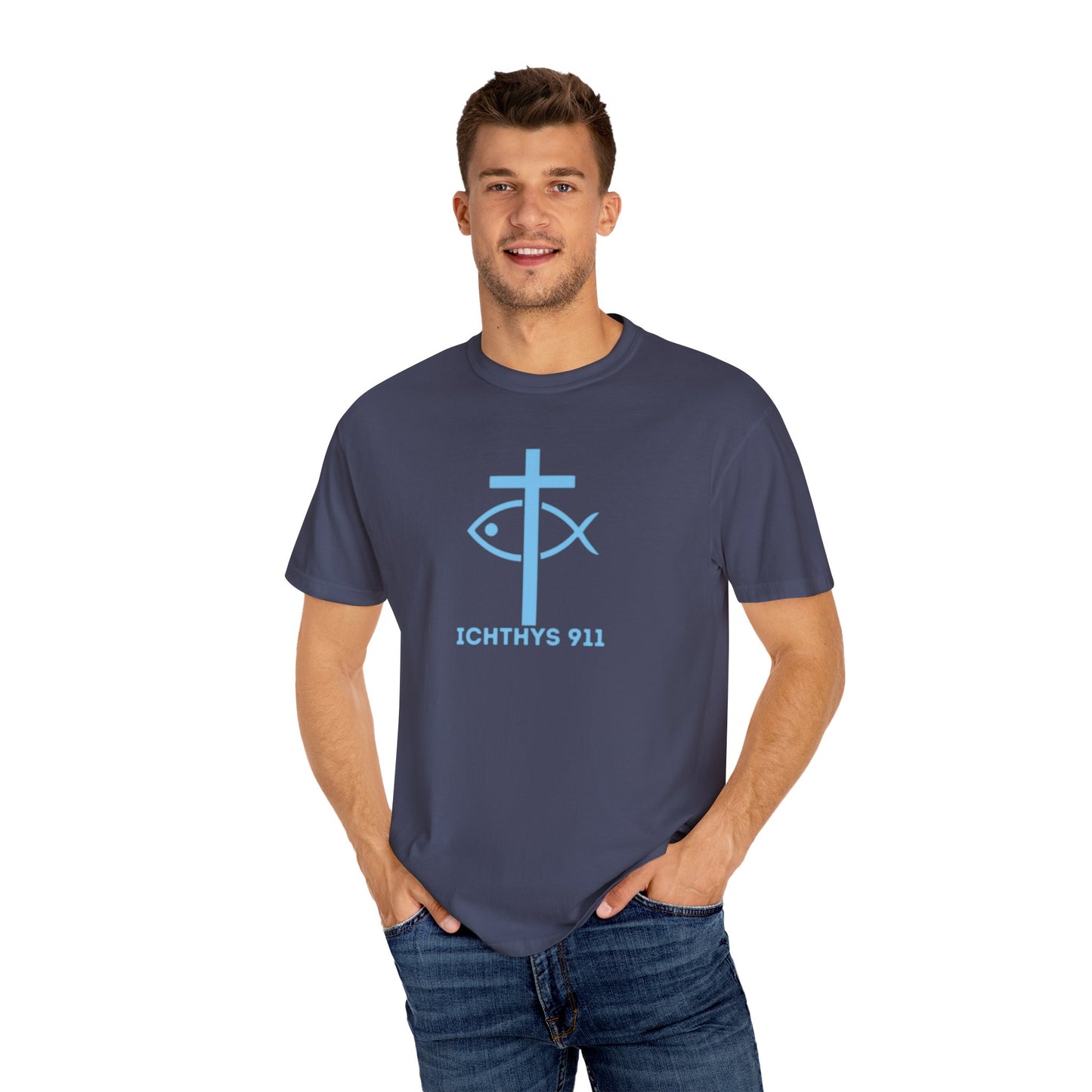 Iēsous Christos, Theou Yios, Sōtēr - Blue Font - Garment-Dyed Unisex T-Shirt - Men T-Shirt - Women T-Shirt - Christian Symbol - Greek - Faith Inspired -Christian Streetwear – Jesus Gym & Faith Fashion, Unisex Garment -ICHTHYS 911 - Additional Colors