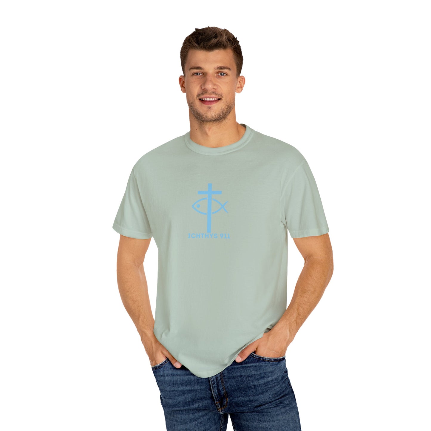 ICHTHYS 911 - Blue Font "Faith, Hope, & Love" - Unisex T-Shirt - Men T-Shirt - Christian Women Tee - Faith-Inspired Shirt - Christian Fashion - Wear Your Faith
