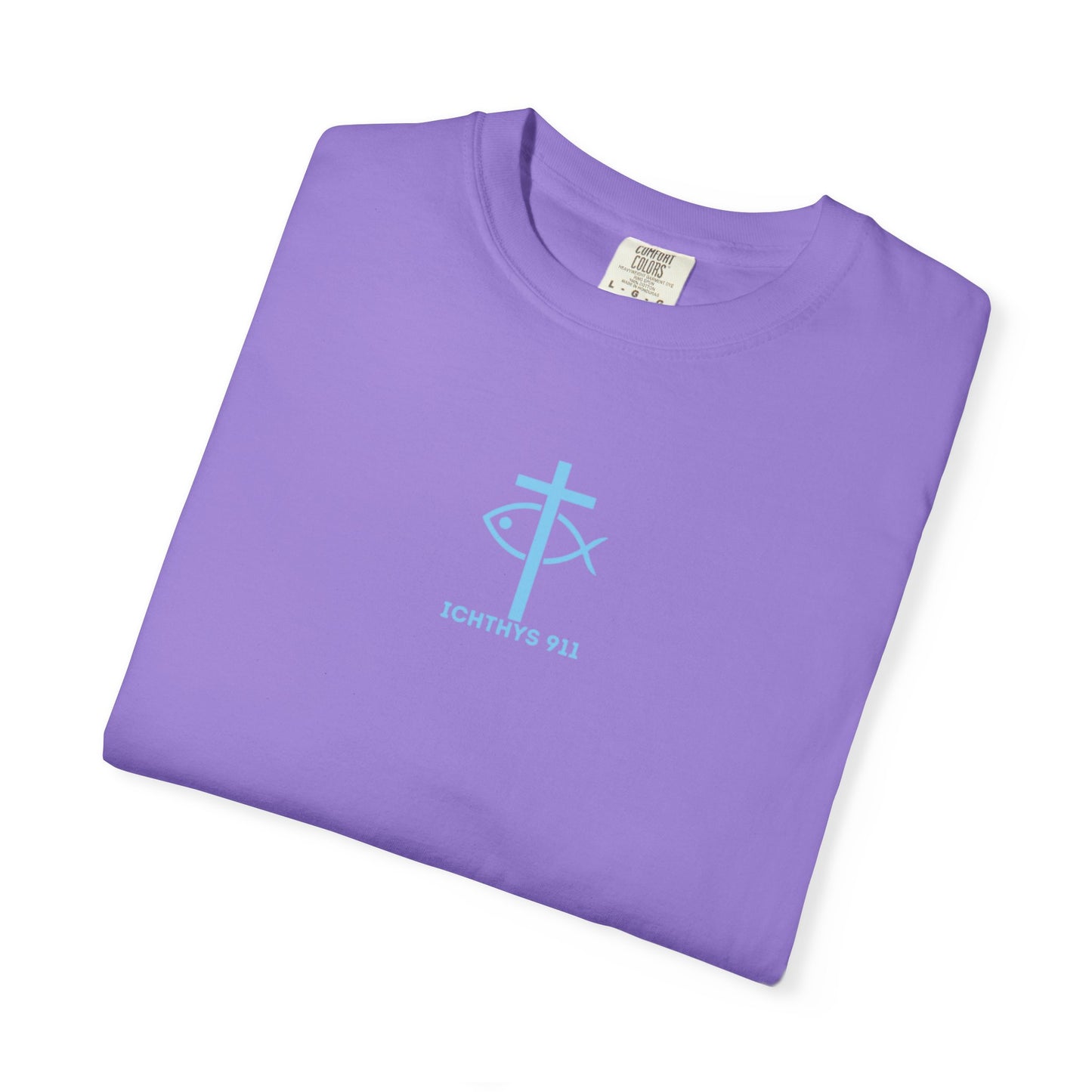 ICHTHYS 911 - Blue Font - Vendor - "Iēsous Christos, Theou Yios, Sōtēr" - Garment-Dyed Unisex T-Shirt - Men T-Shirt - Women T-Shirt - Christian Symbol - Greek - Faith Inspired -Christian Streetwear – Jesus Gym & Faith Fashion, Unisex Garment